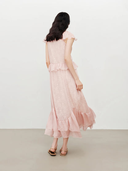 Pink Lace Ruffle Midi Dress