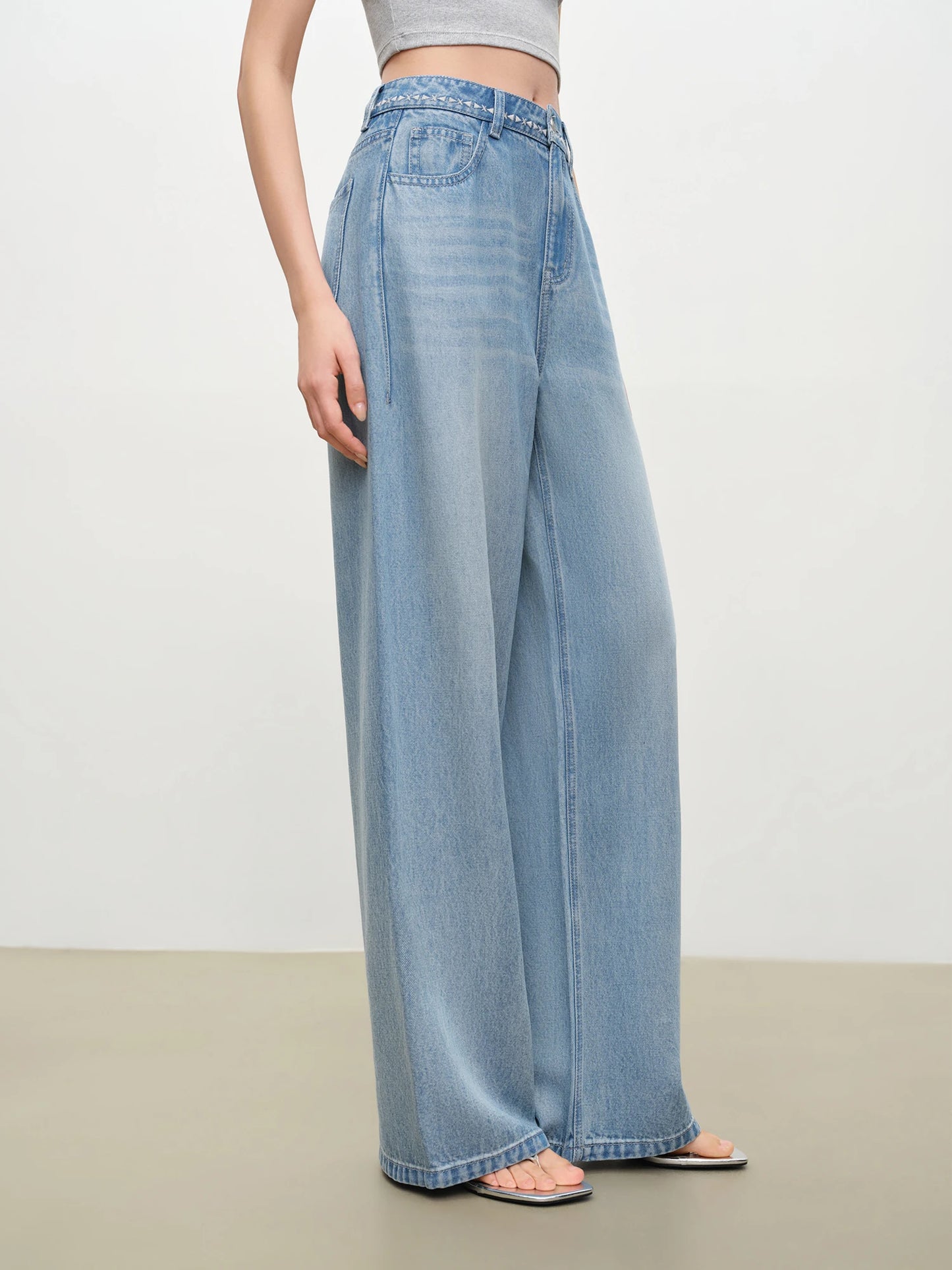 Light Blue Embroidered Wide Leg Jeans