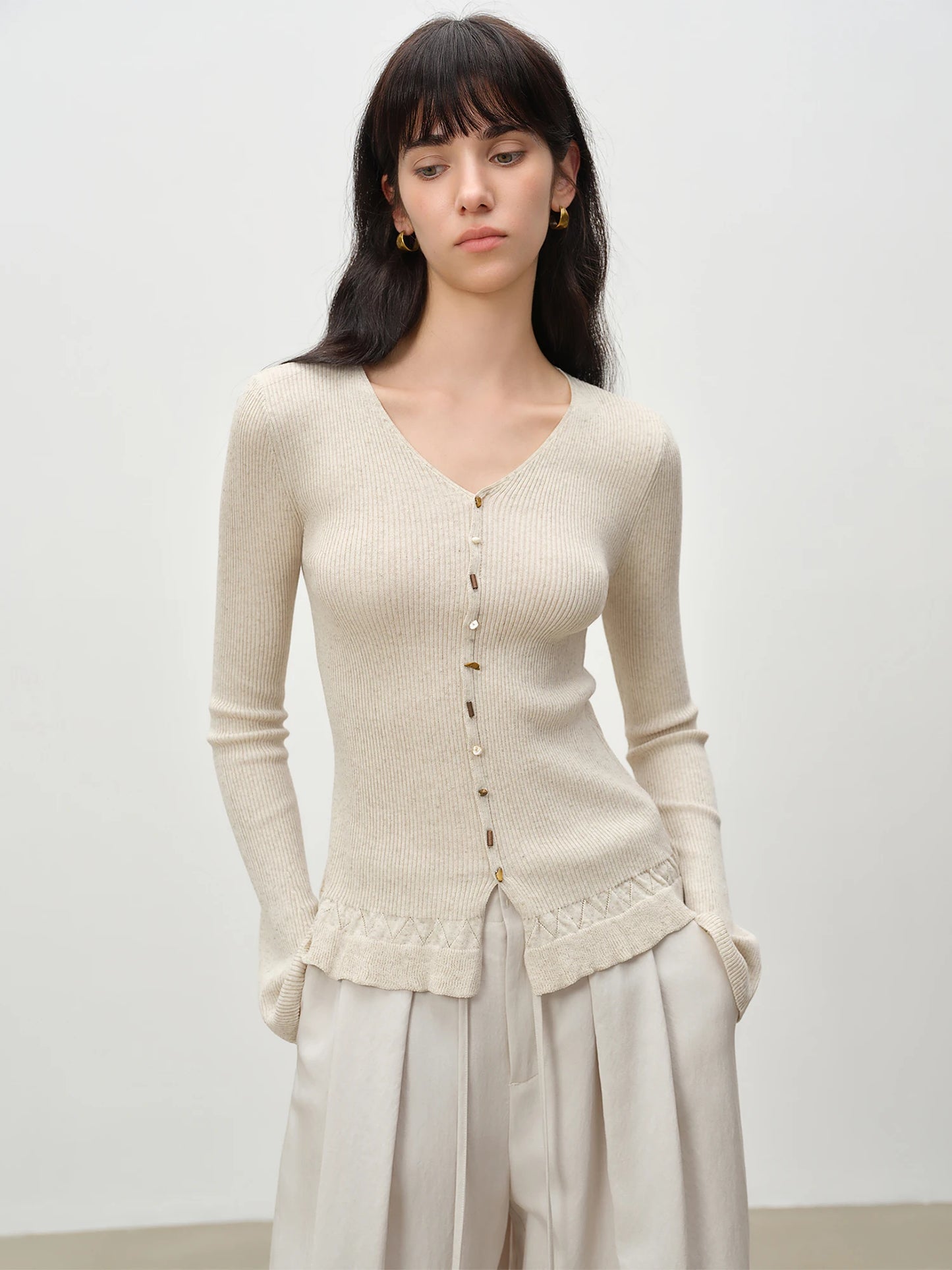 Beige Flounce Hem Knit Cardigan