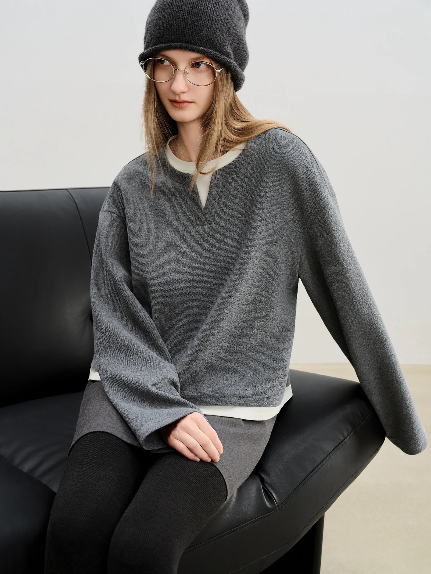 Gray Fleece Notch Neck Sweatshirt