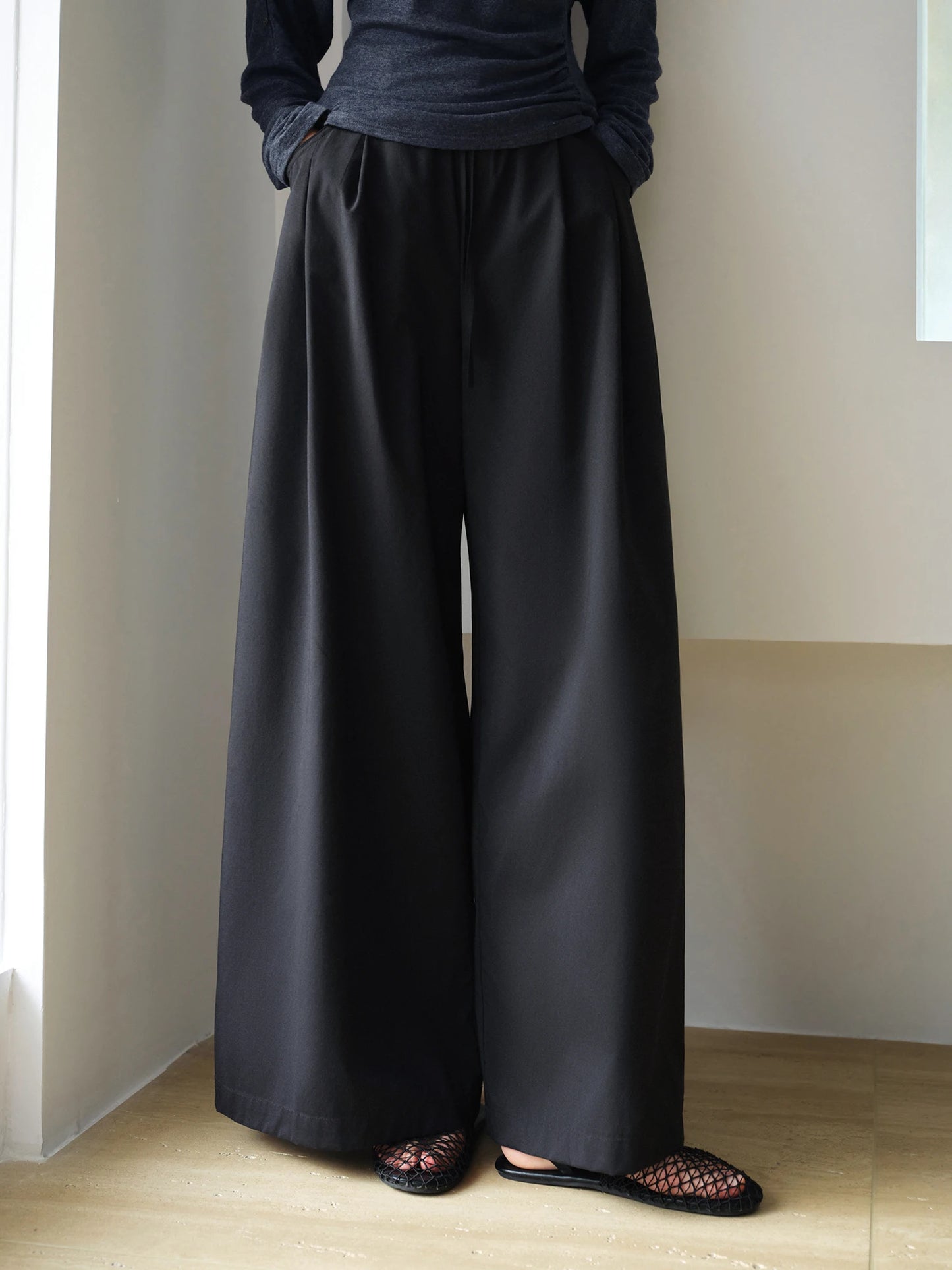 Khaki Pleated Drawstring Wide Pants