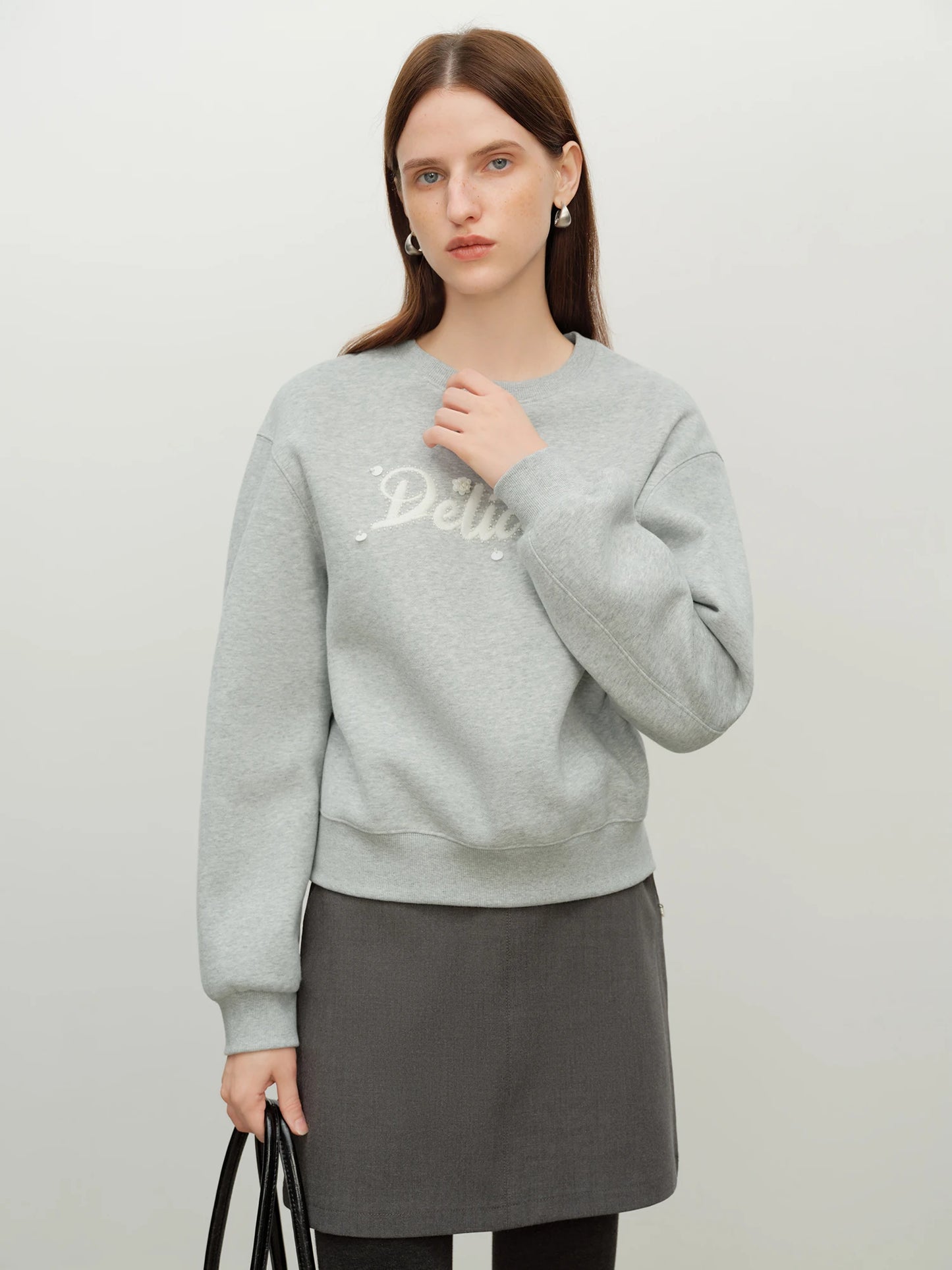 Gray Embroidered Crew Neck Sweatshirt