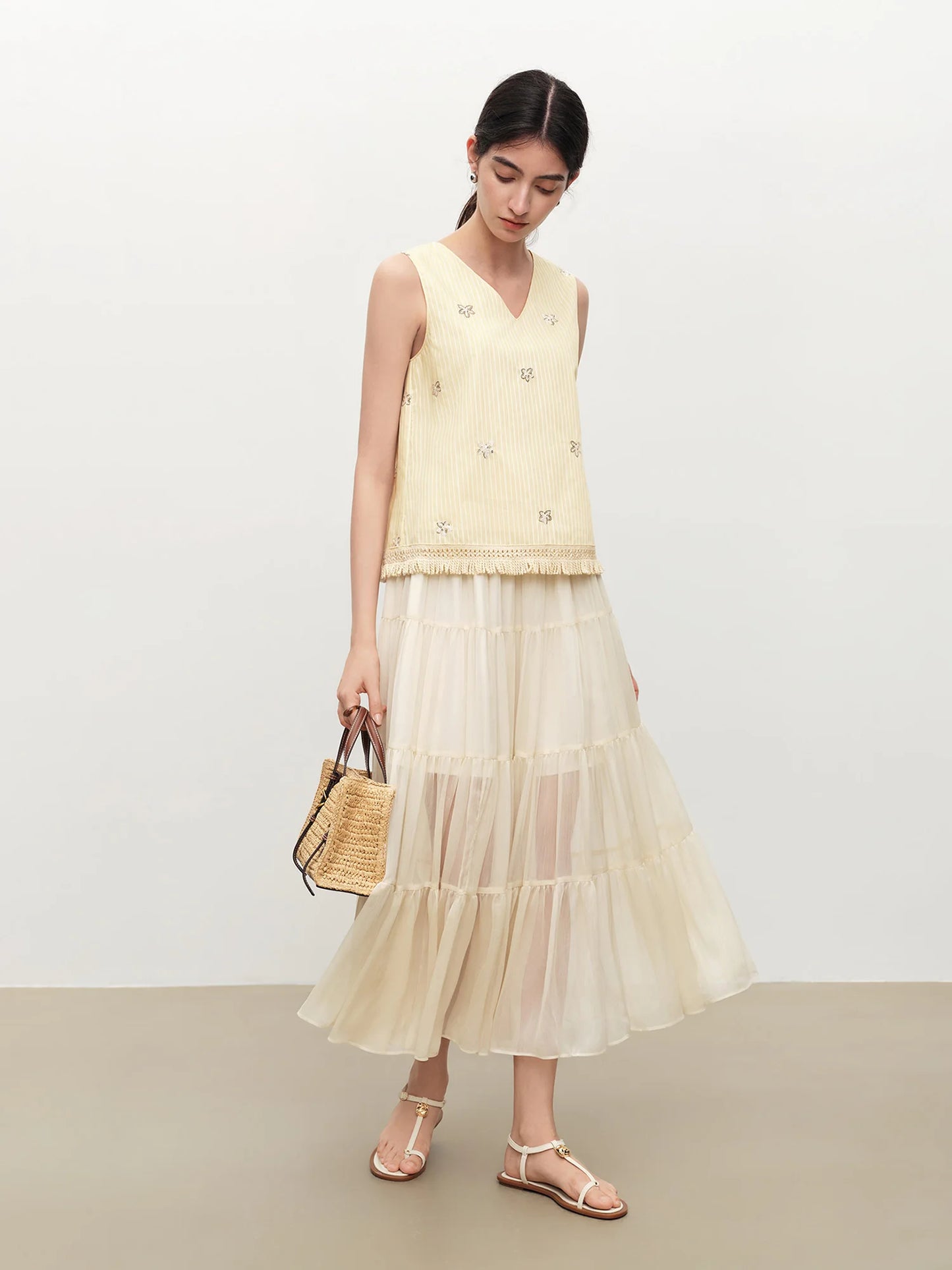 Ivory Beaded Striped Sleeveless Vest