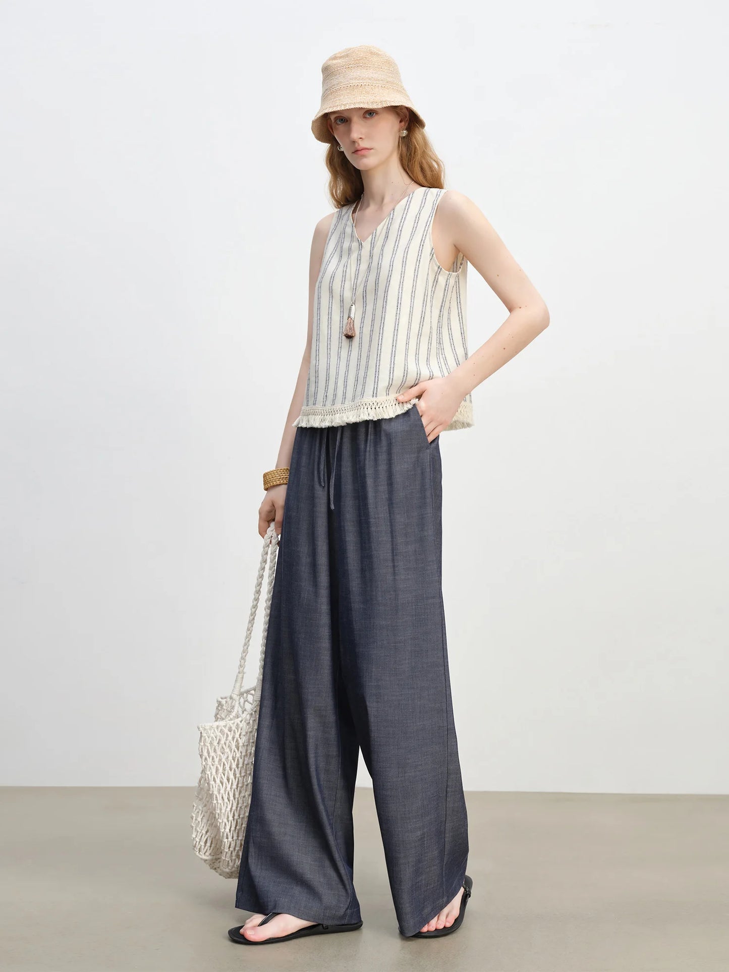 Grey Drawstring Wide Leg Pants