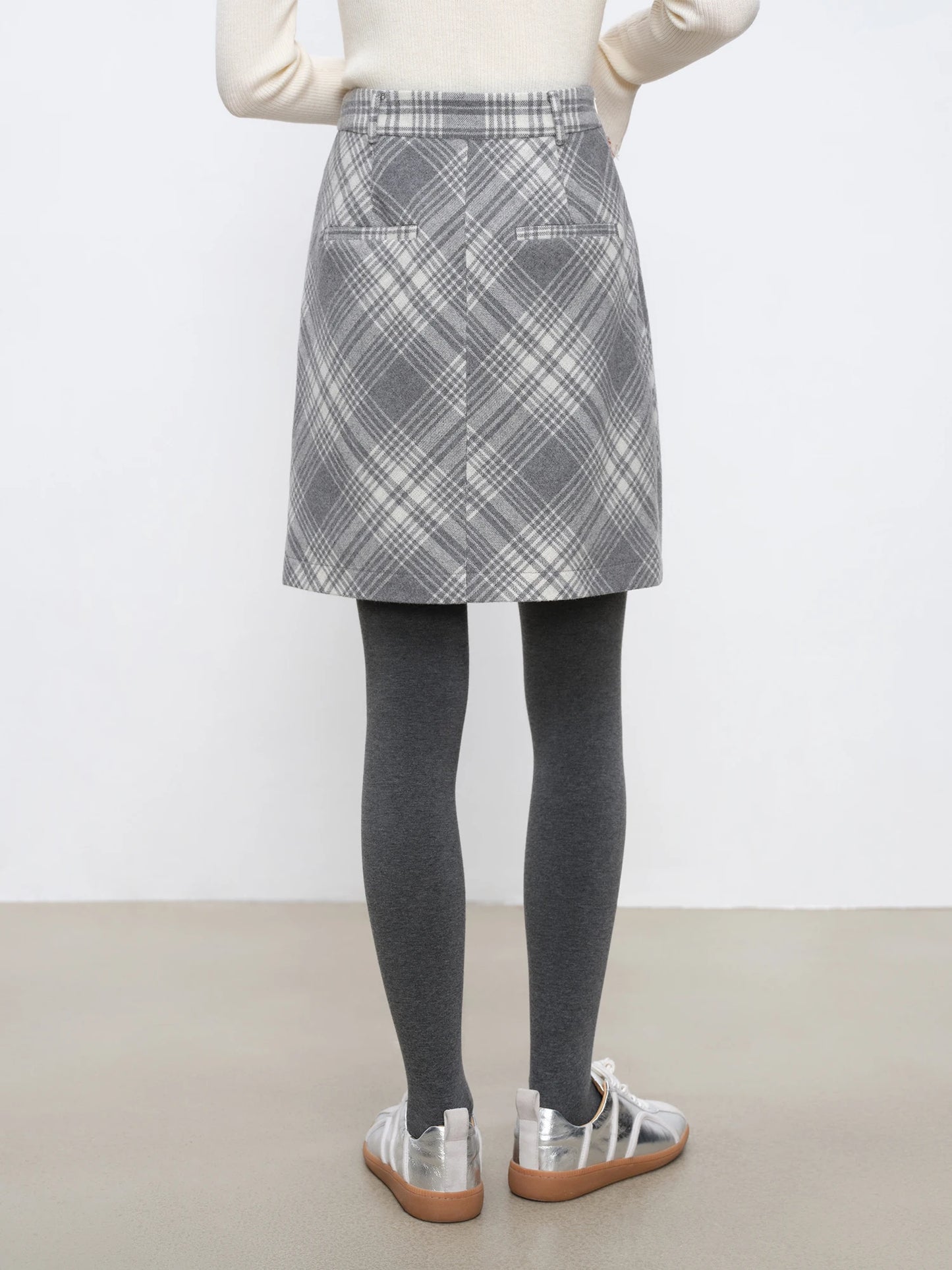 Grey Plaid Straight Midi Skirt