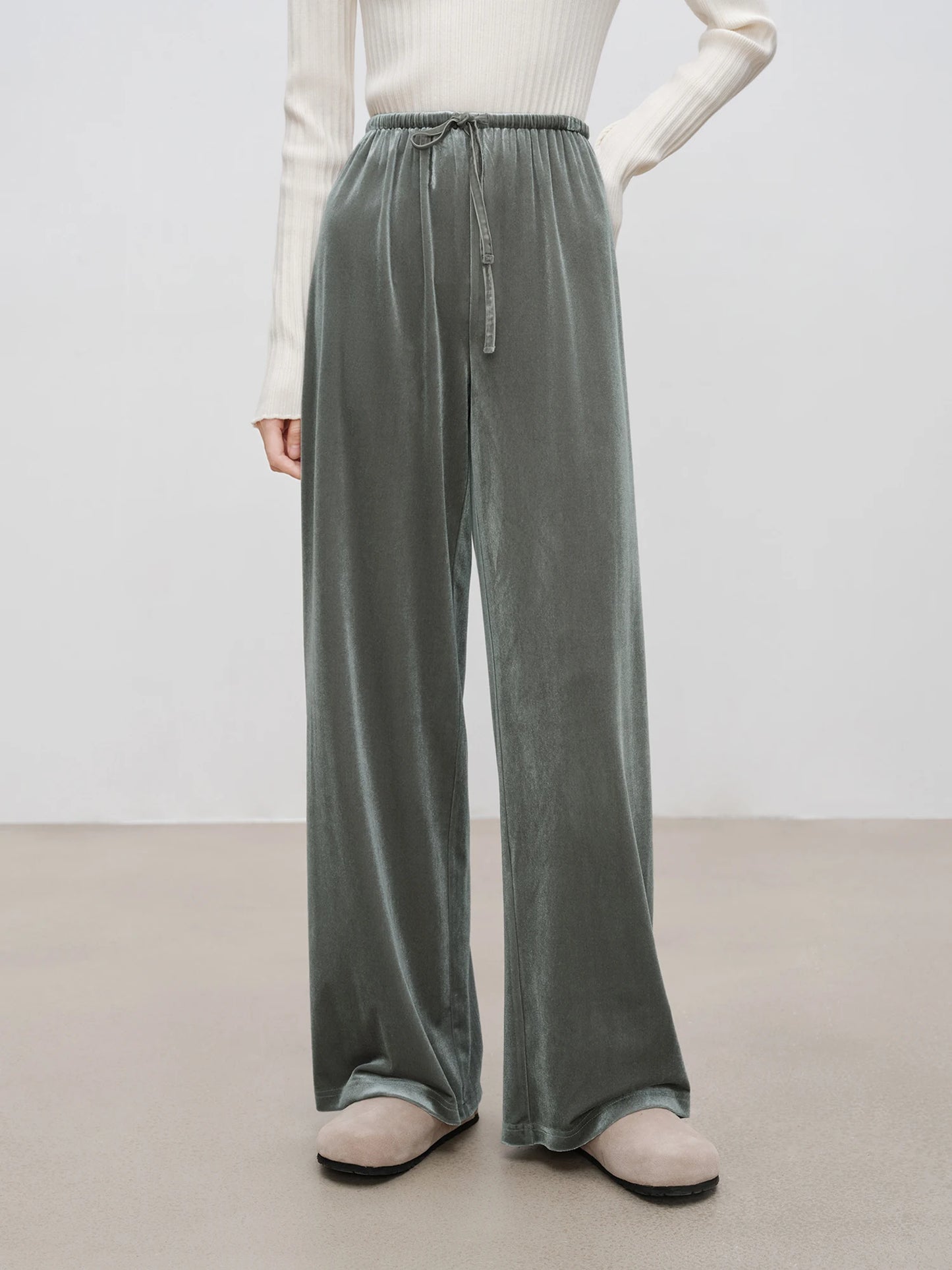 Sage Velvet Drawstring Wide Pants