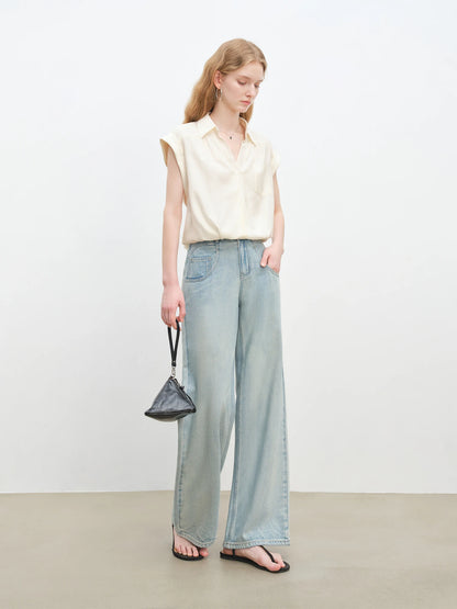Pale Blue Tie Hem Sleeveless Shirt