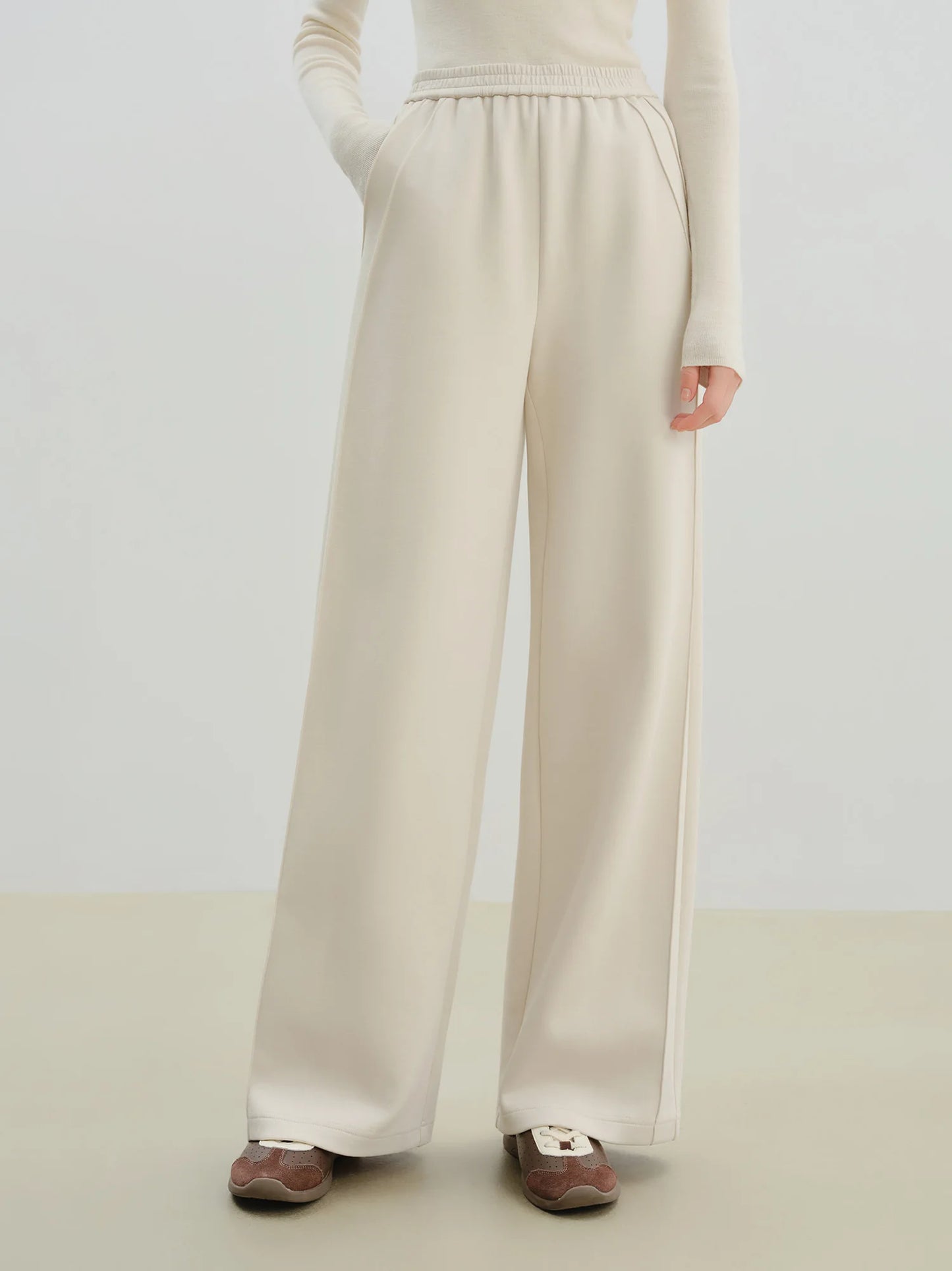 Ivory Elastic Waist Wide Leg Pants