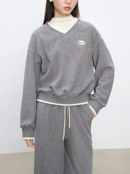 Contrast V-Neck Sweatshirt Pants Set