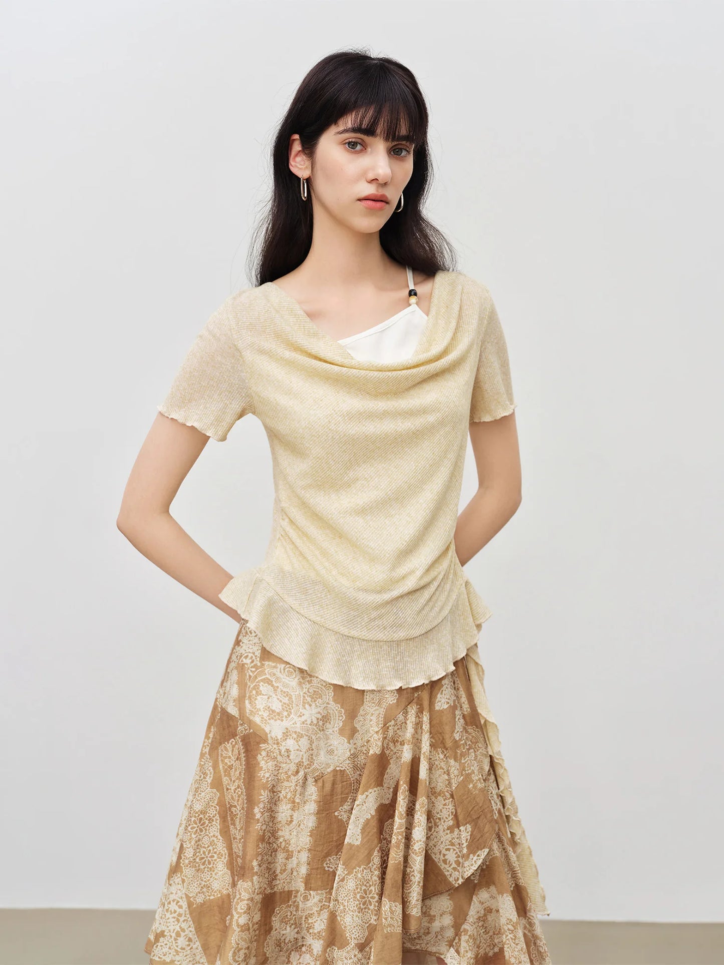 Beige Draped Side Tie Knit Top