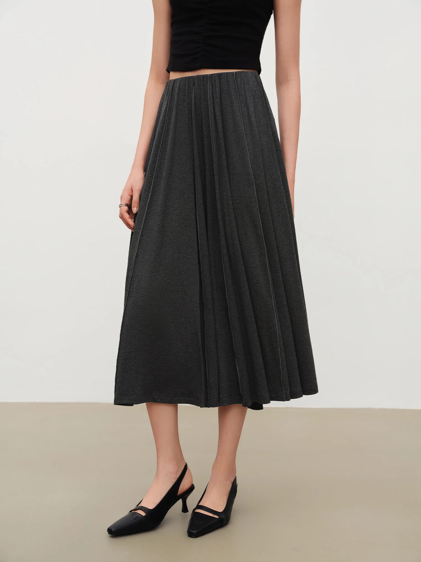 Charcoal Pleated Knit Midi Skirt