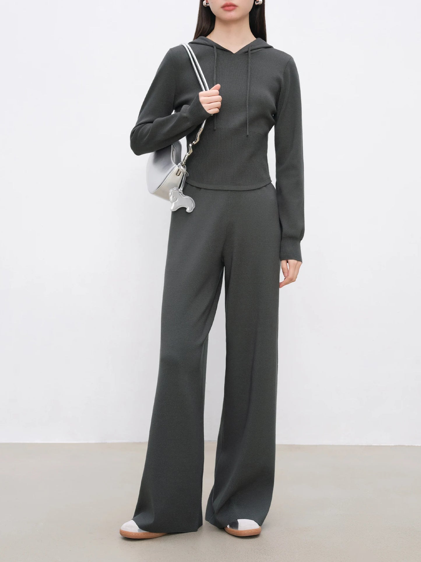 Charcoal Cropped Hooded Knit Jacket