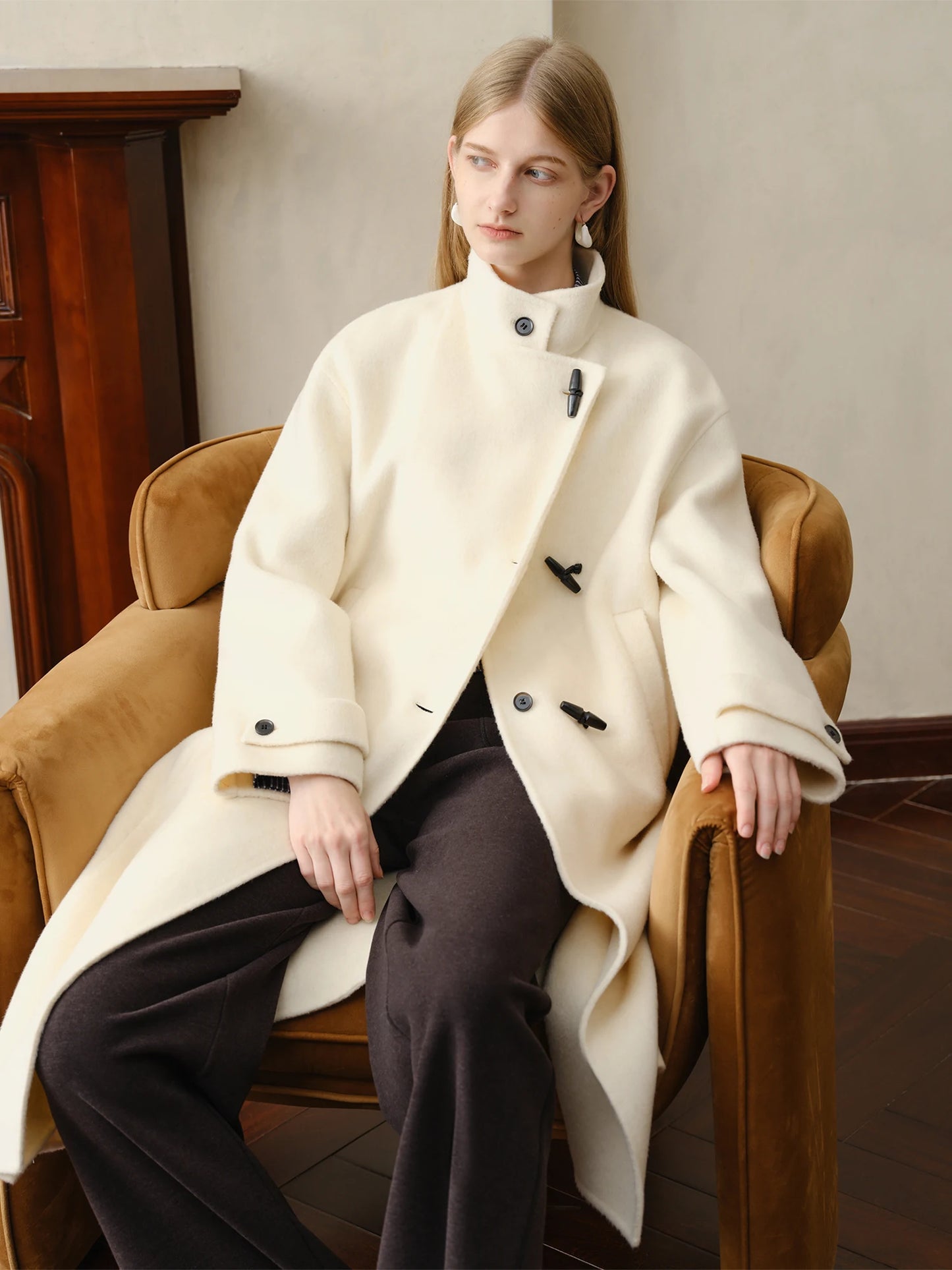 Camel Horn Button Long Coat