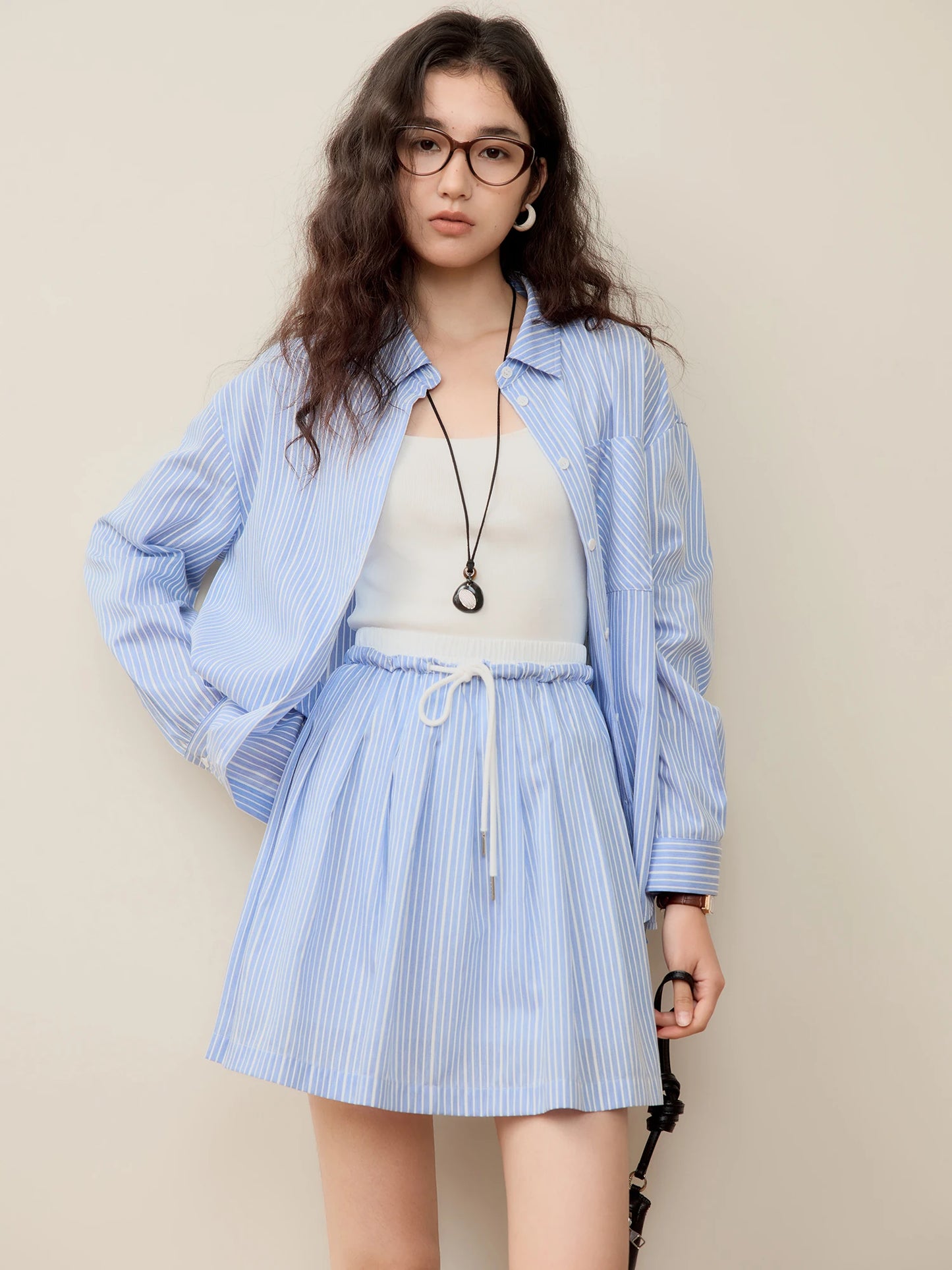 Blue Striped Pleated Mini Skirt