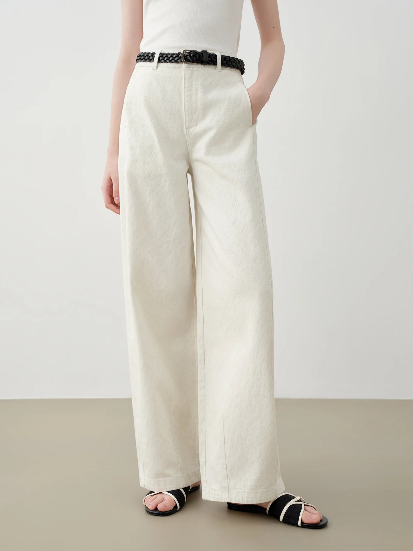 Ivory Jacquard Wide Leg Jeans
