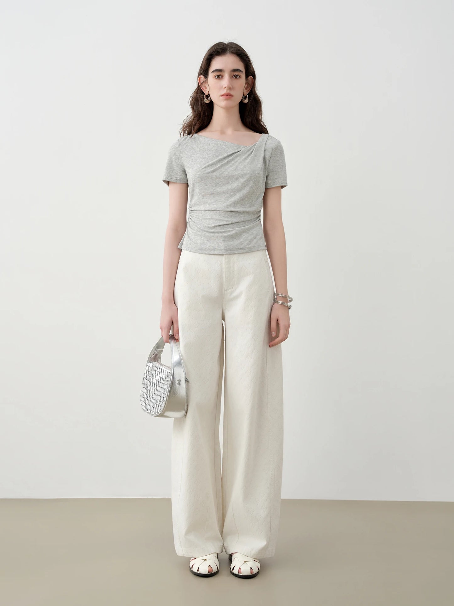Ivory Jacquard Wide Leg Jeans