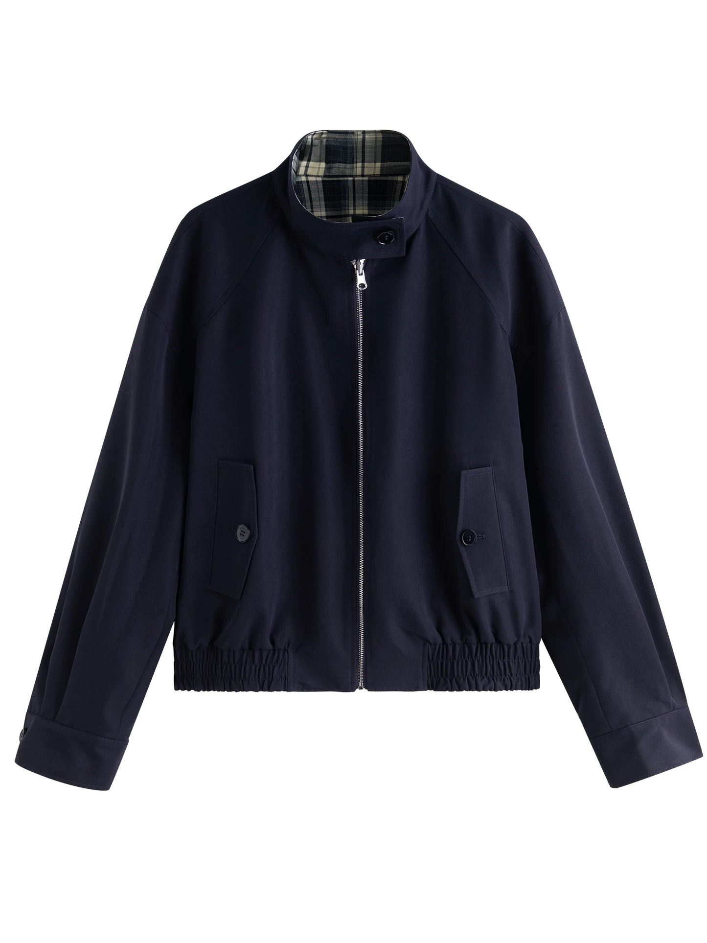 Navy Plaid Zip Short Jacket