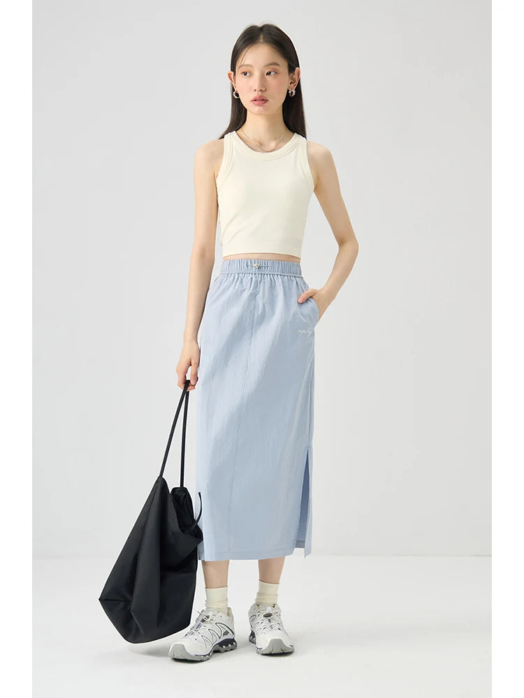 Blue Gray Side Slit Midi Skirt