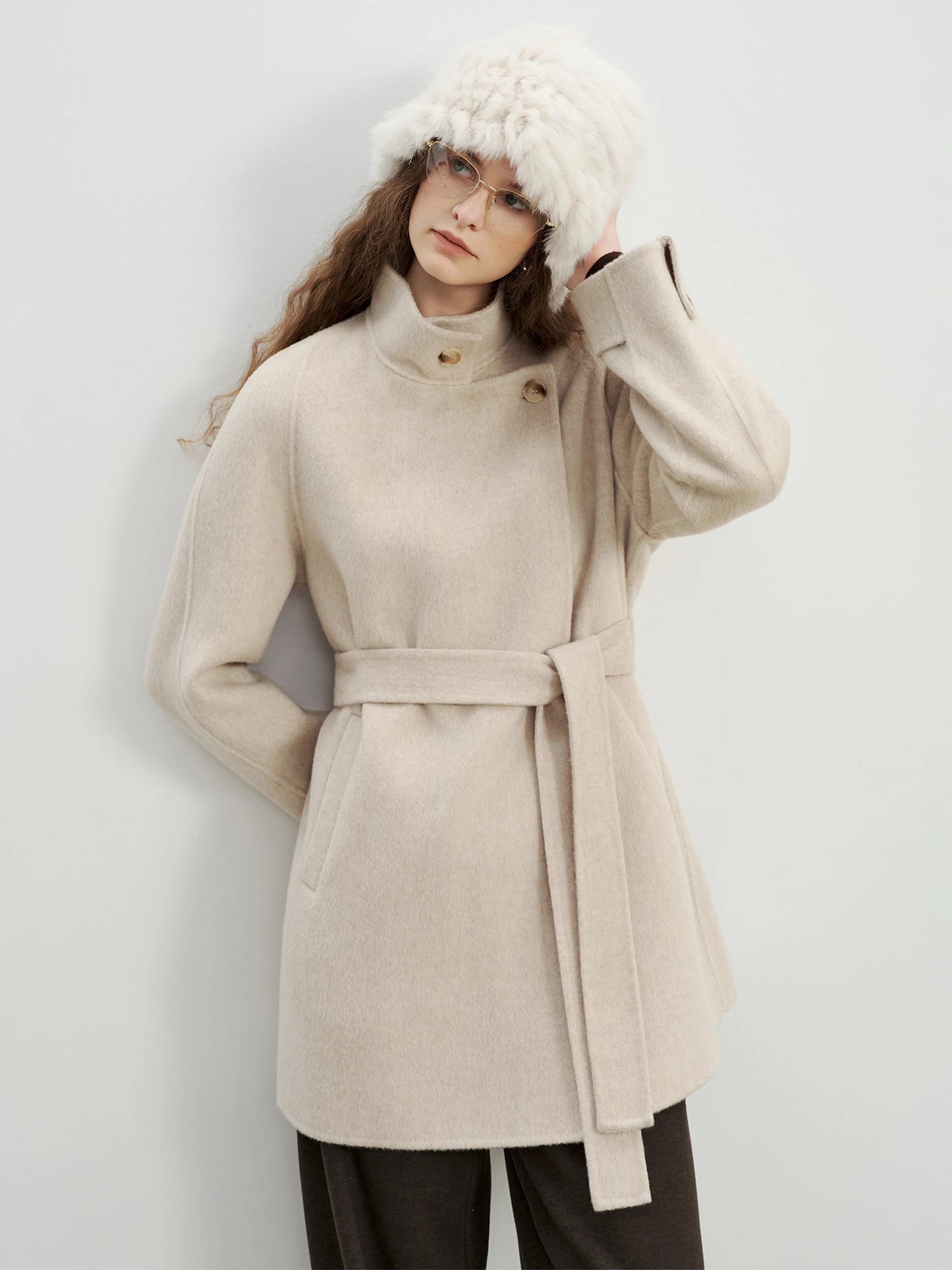 Grey Lace-Up Short Wool Coat
