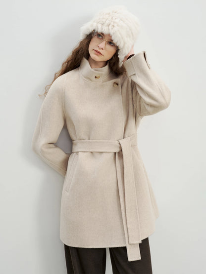 Grey Lace-Up Short Wool Coat
