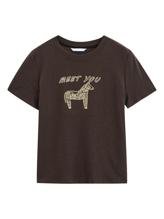 Brown Embroidered Horse Graphic Tee