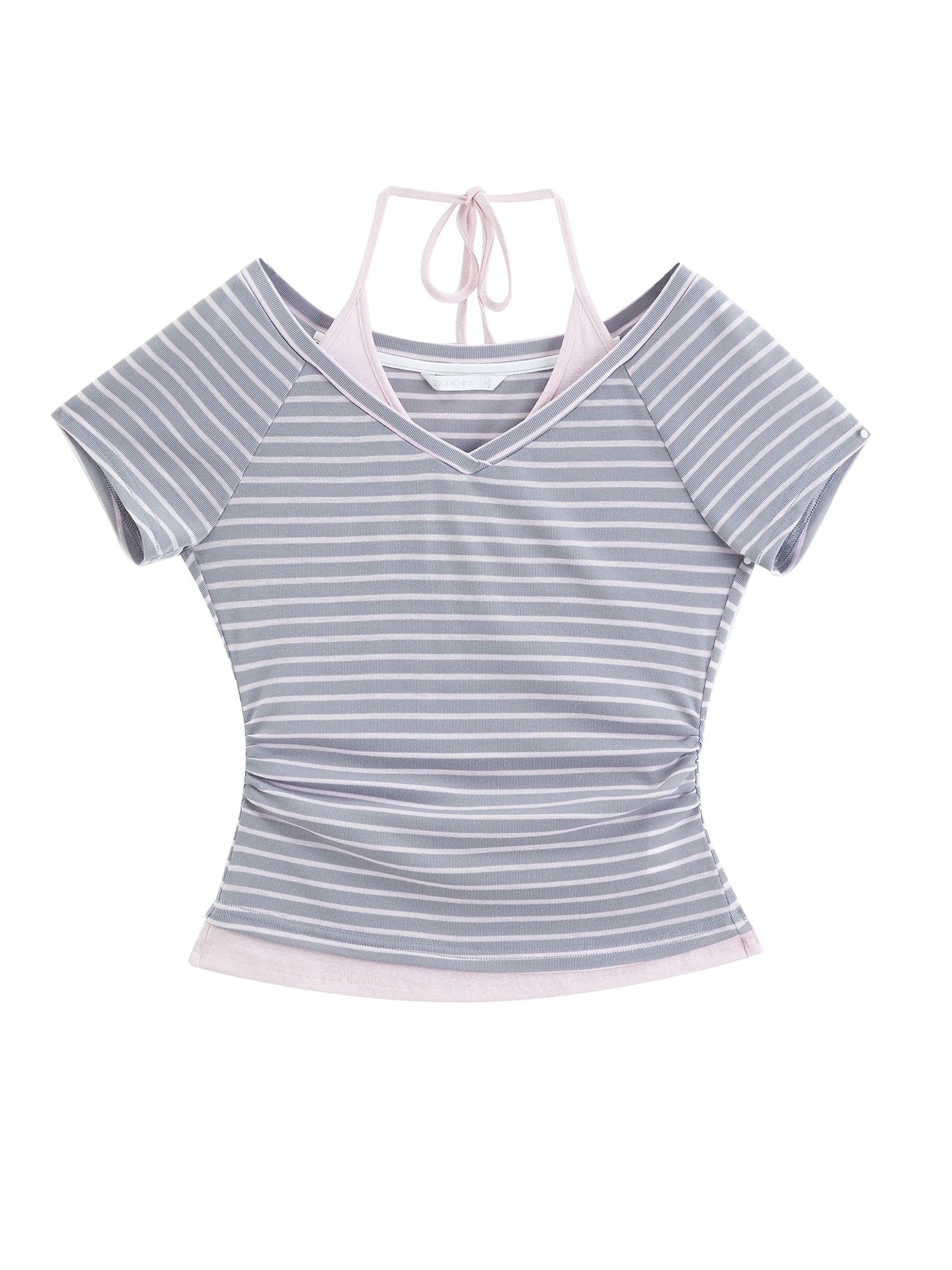 Gray Striped Halter Layered Tee