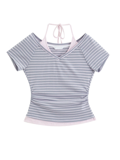 Gray Striped Halter Layered Tee