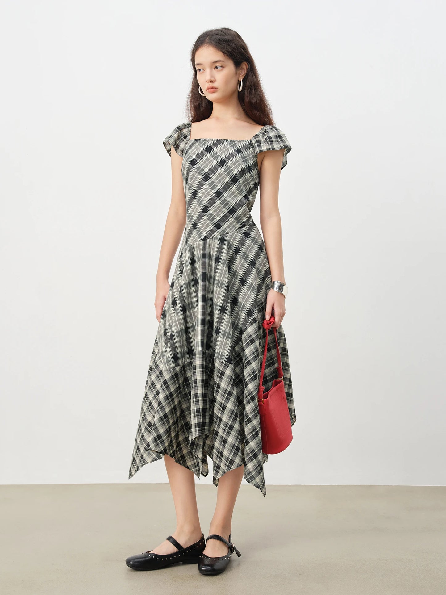 Plaid Asymmetric Midi Dress