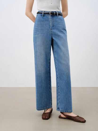 Beige Cropped Straight Jeans