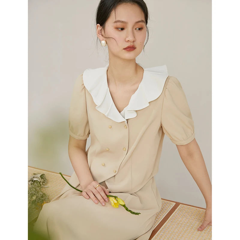 Beige Ruffle Collar Chiffon Blouse