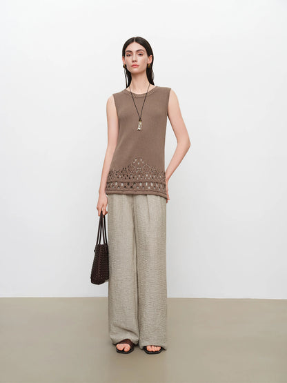 Beige Lace Waist Wide Leg Pants