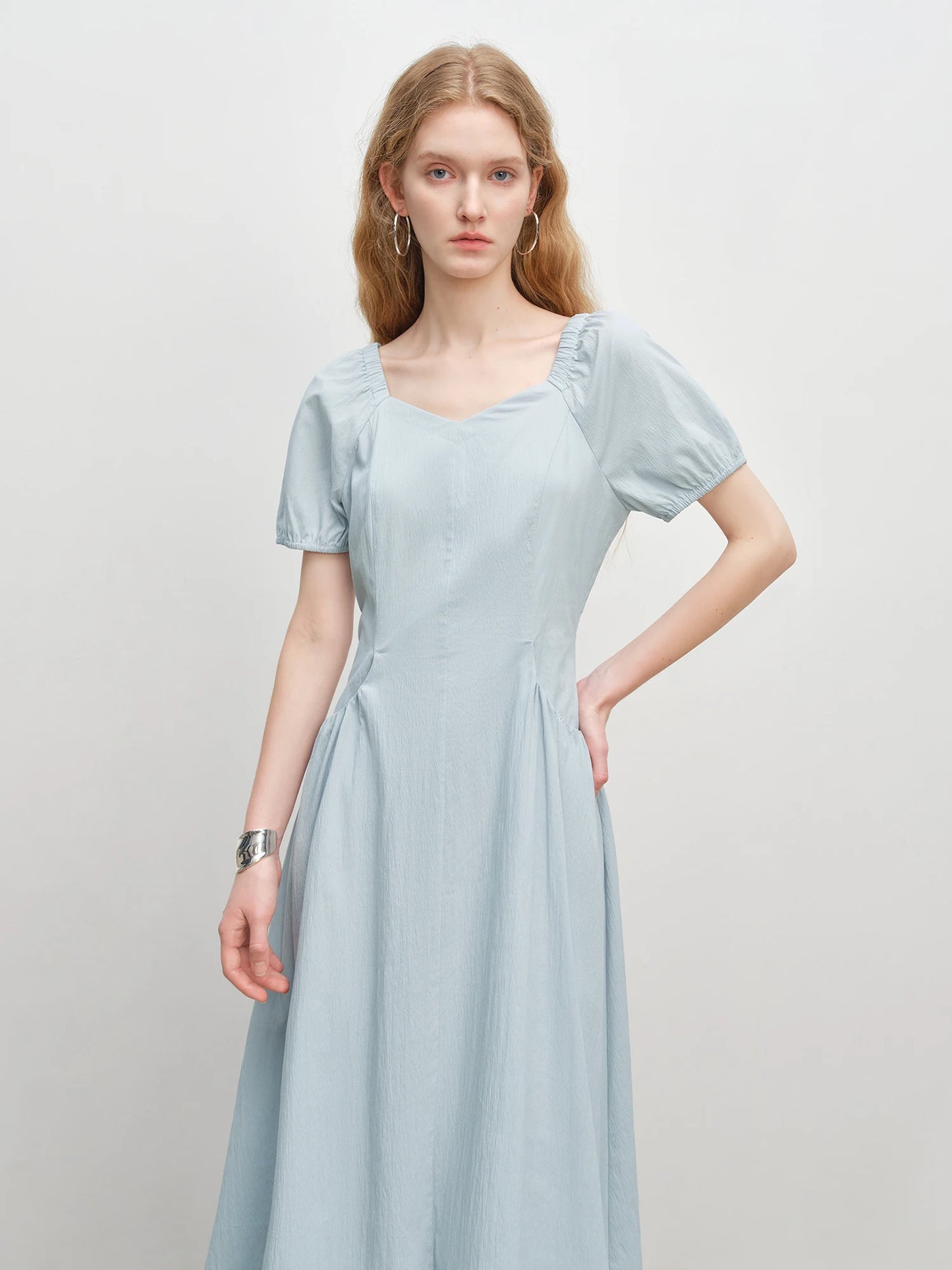 Blue Puff Sleeve Midi Dress