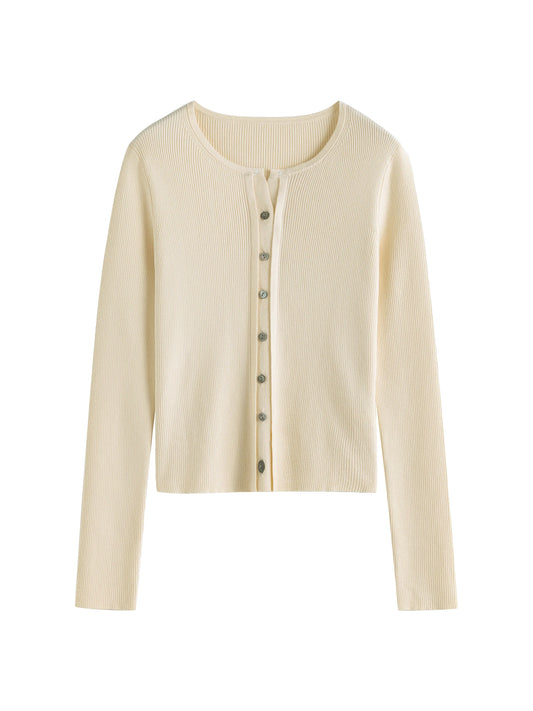 Cream Ribbed Button Knit Cardigan
