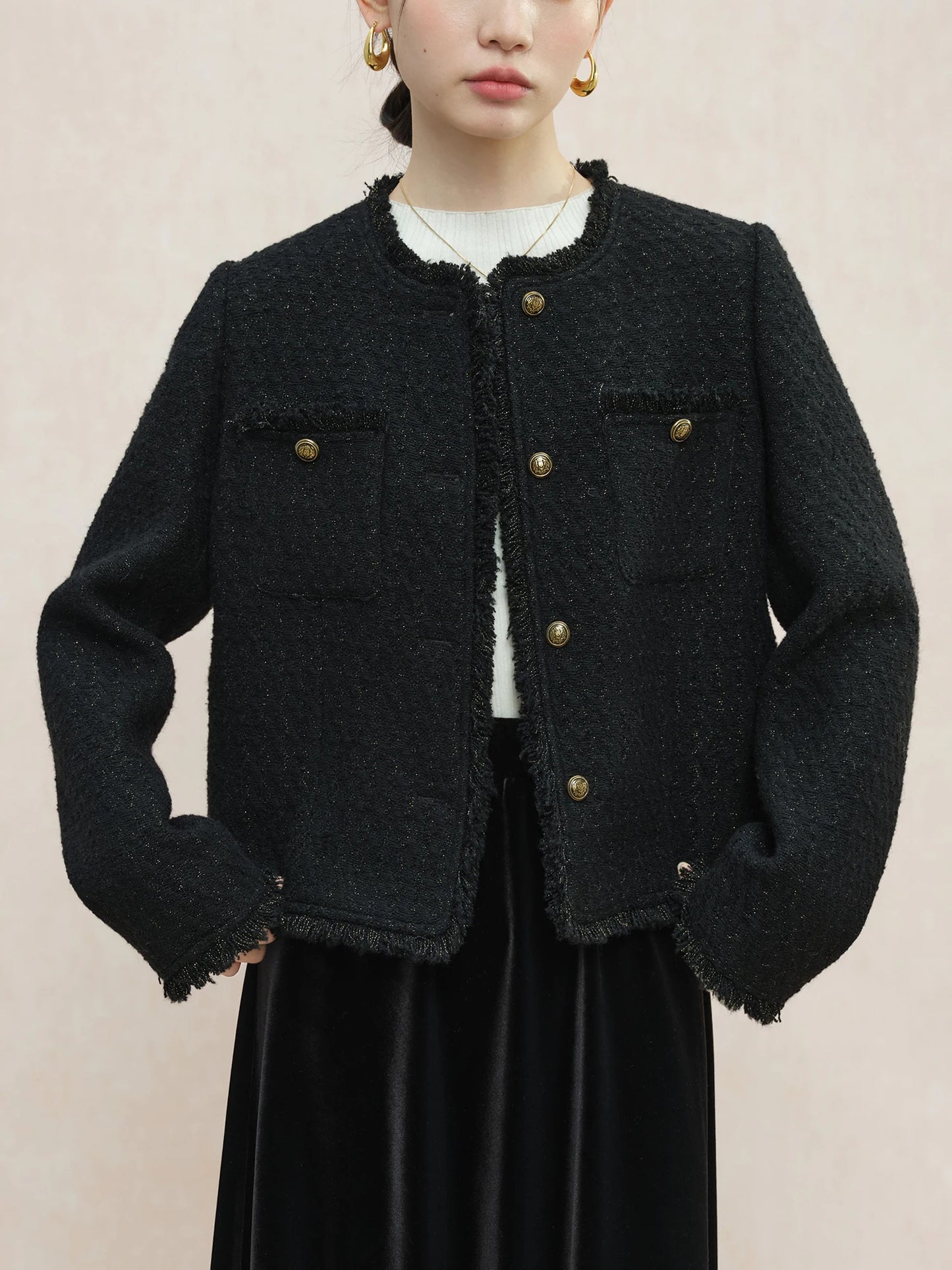 Black Fringe Trim Tweed Jacket