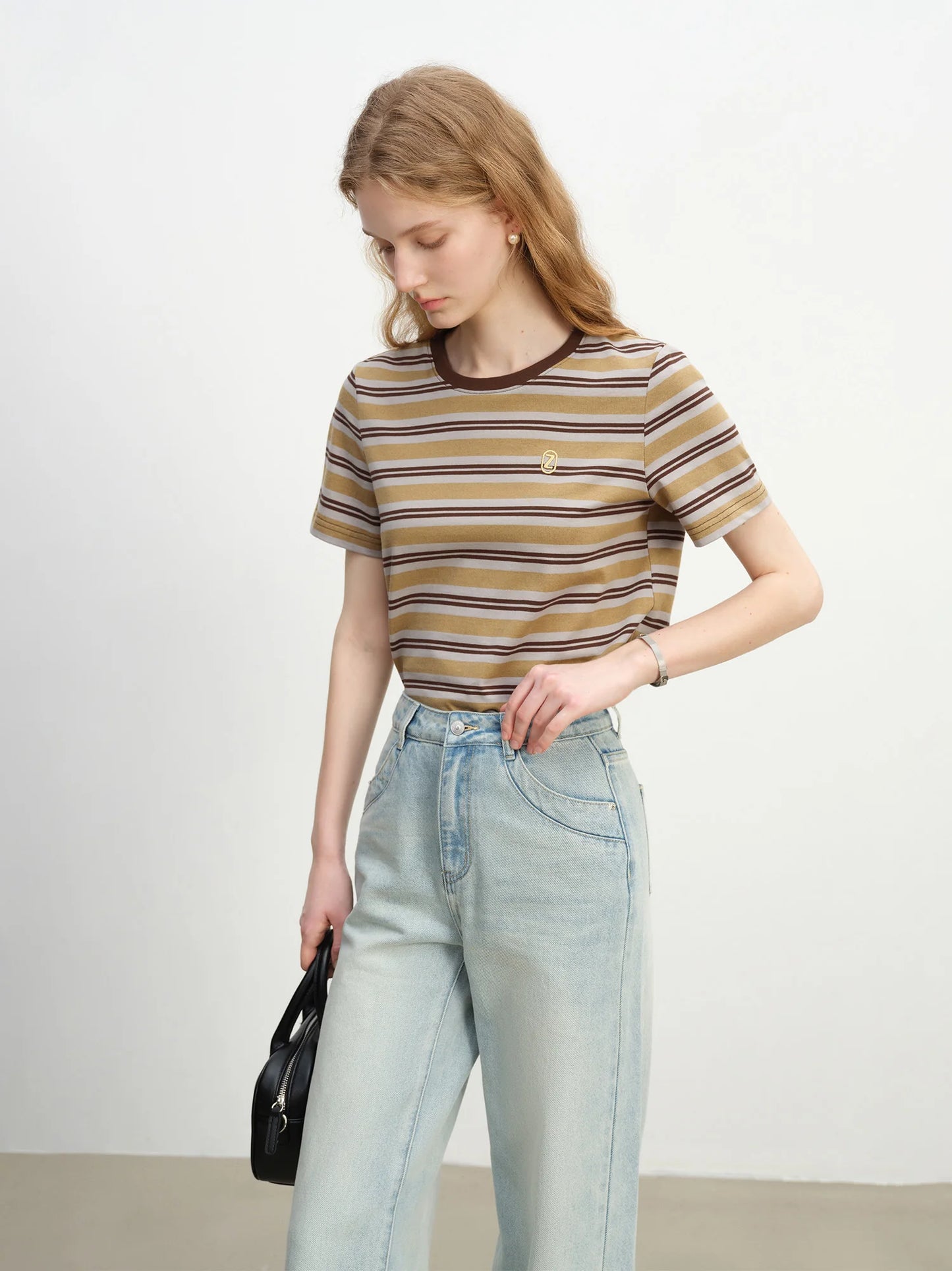 Brown Blue Striped Crew Neck Tee