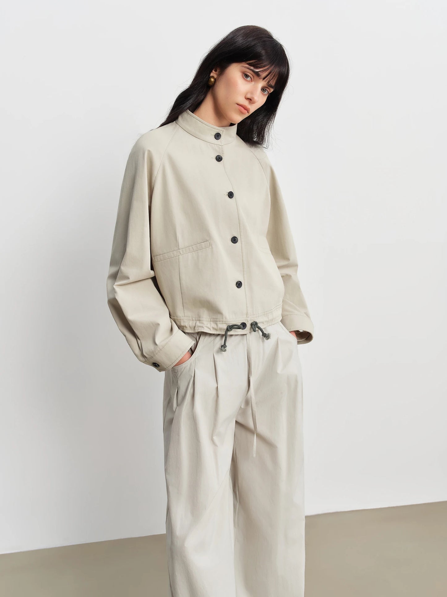 Beige Drawstring Hem Utility Jacket