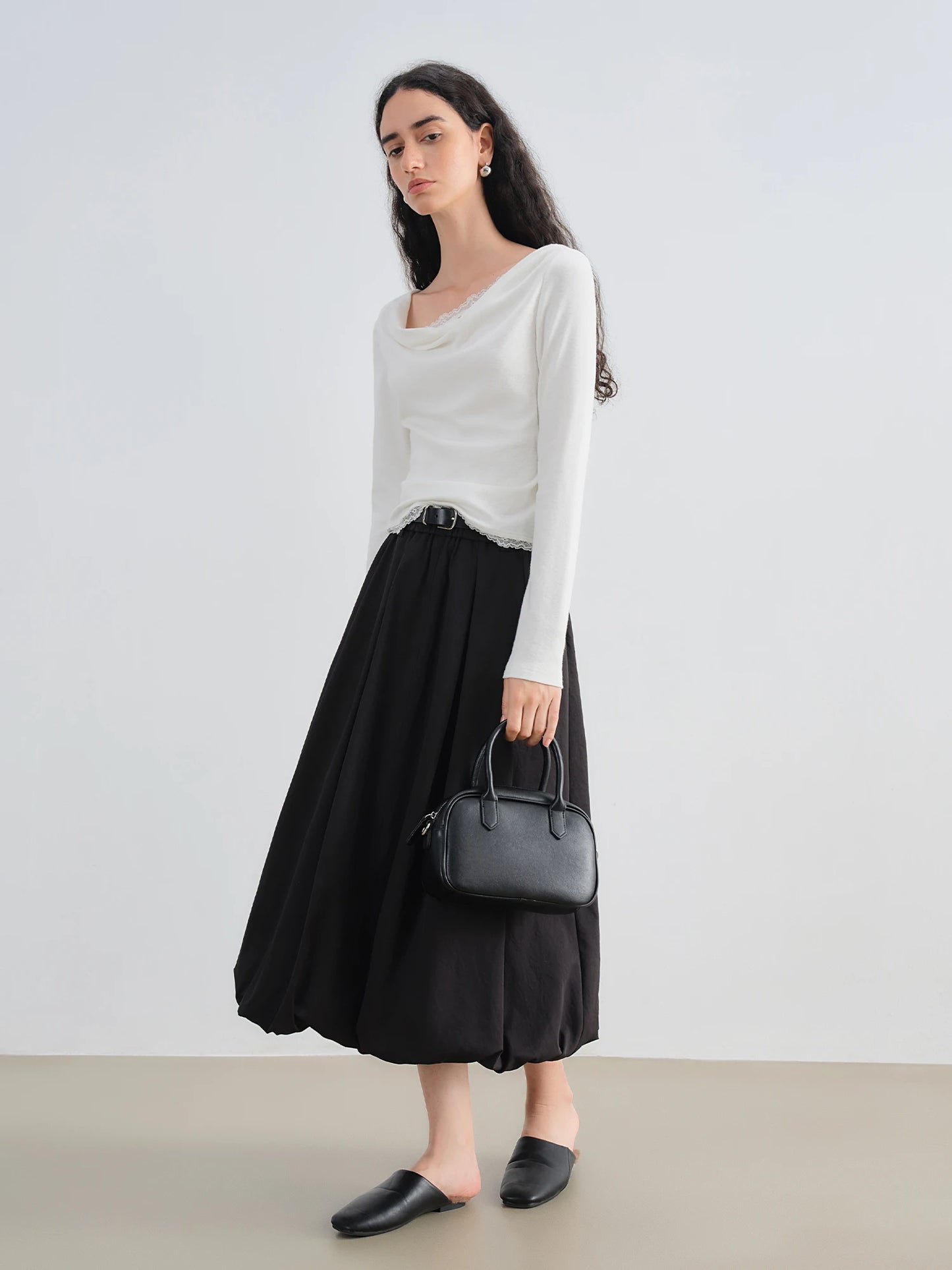 Beige Bubble Hem Midi Skirt