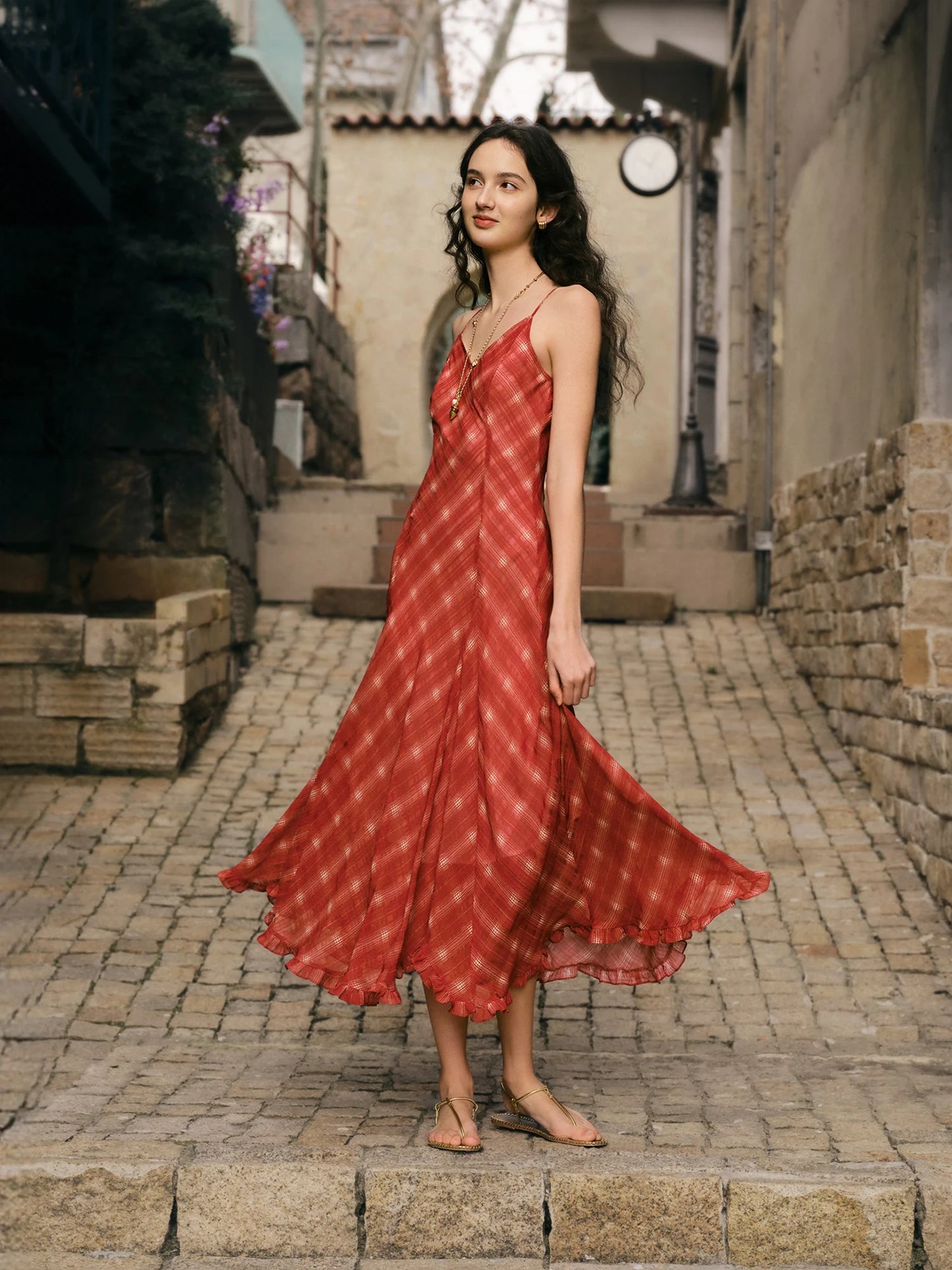 Red Check Halter Midi Dress