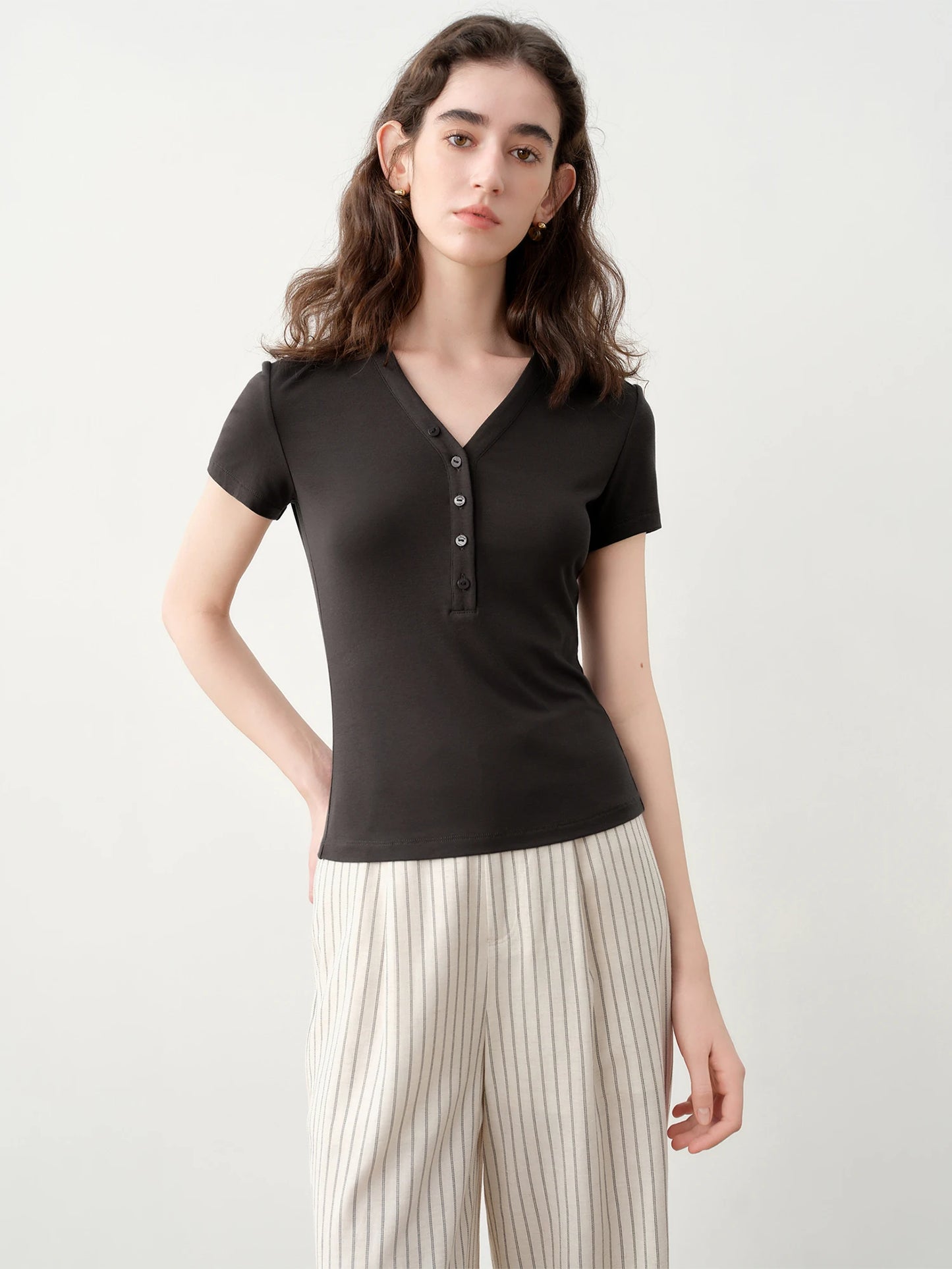 Pale Blue Button V-Neck Tee