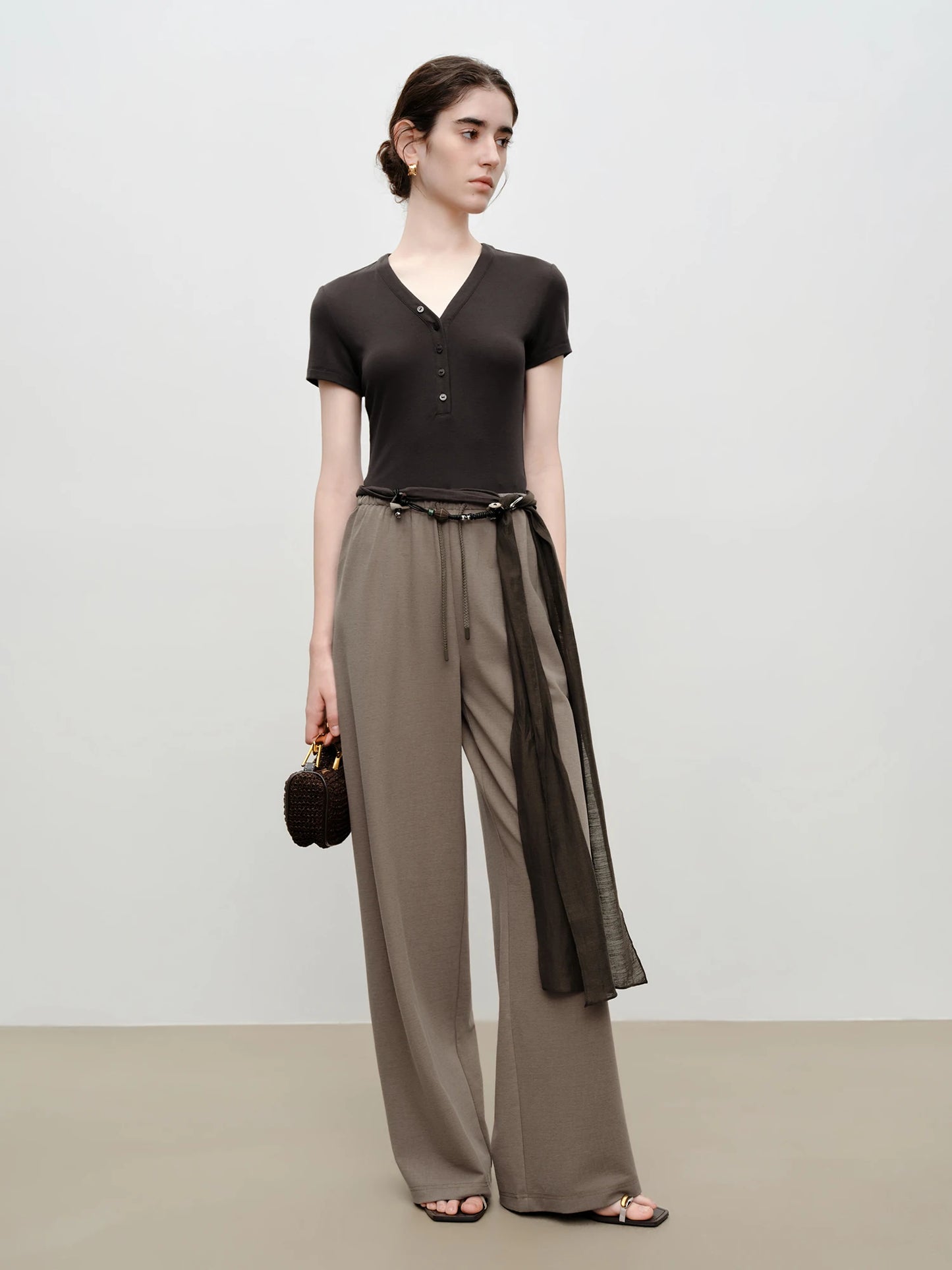 Taupe Drawstring Wide Leg Pants