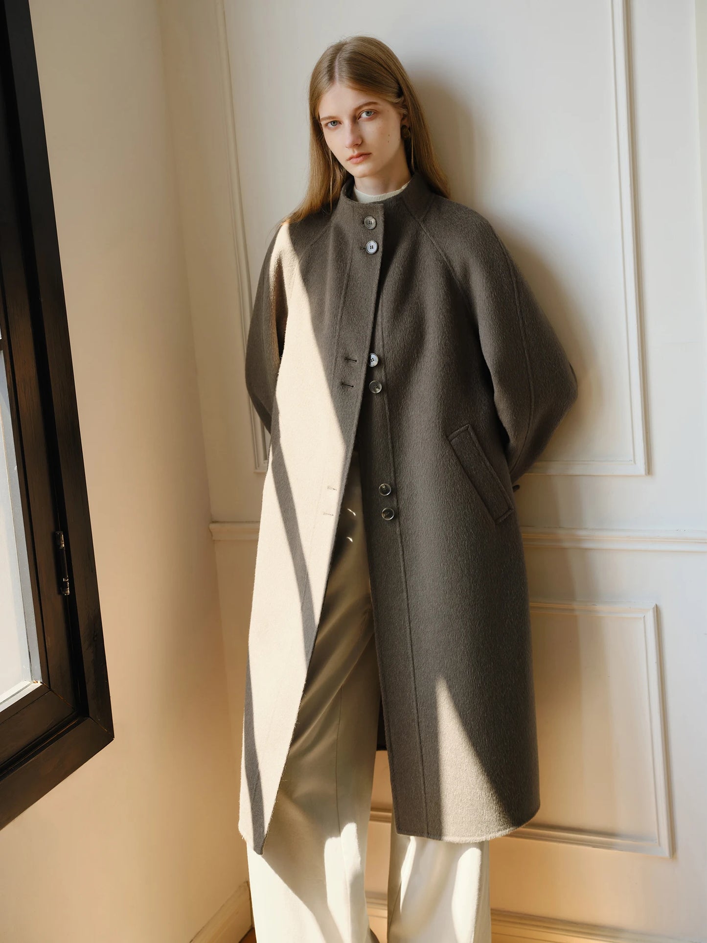 Grey High Collar Wool Coat