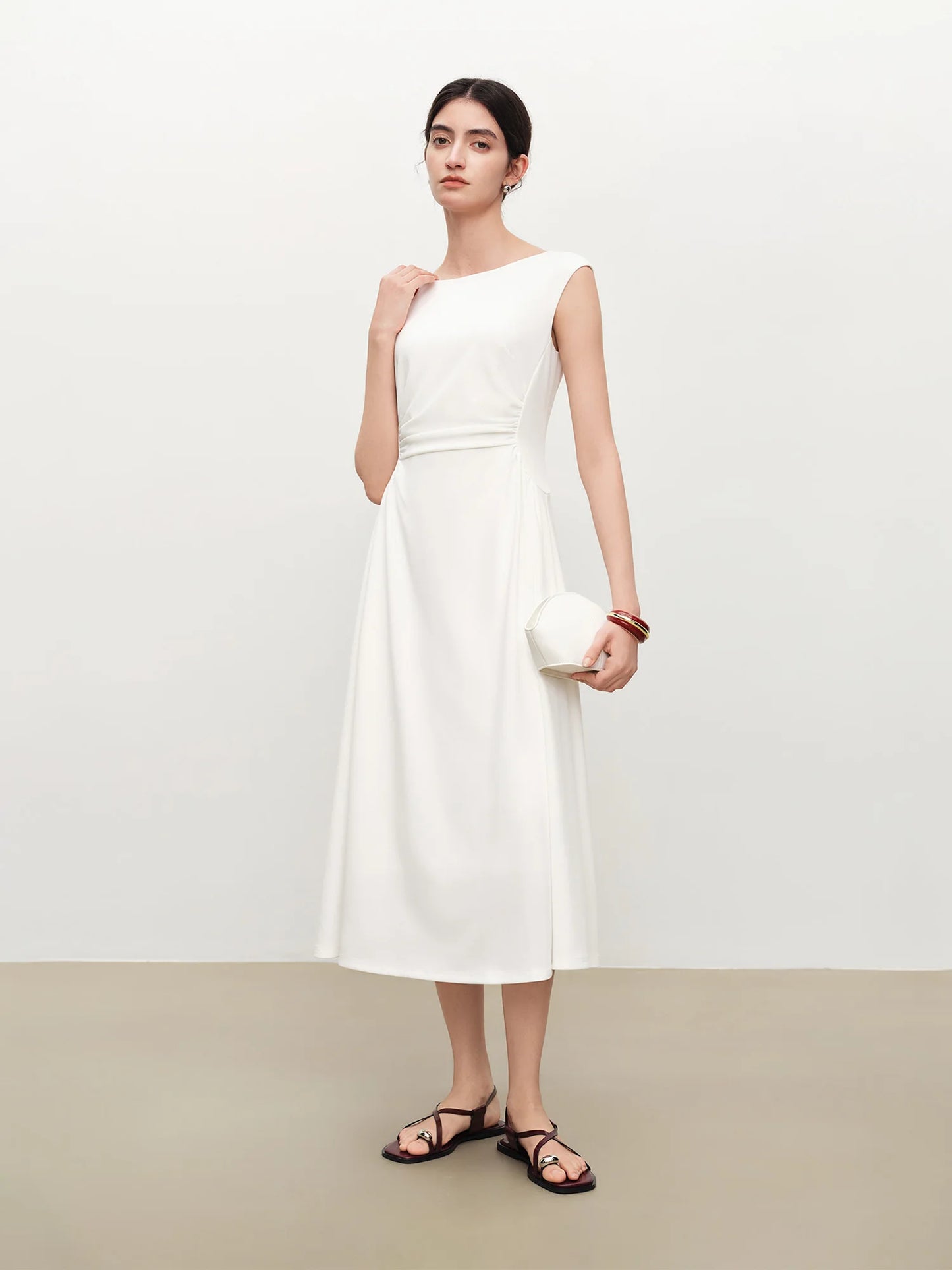 White Off Shoulder Pleated Dress
