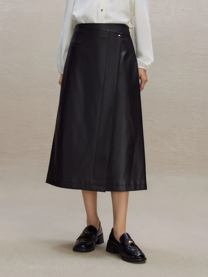 Black Faux Leather Wrap Skirt