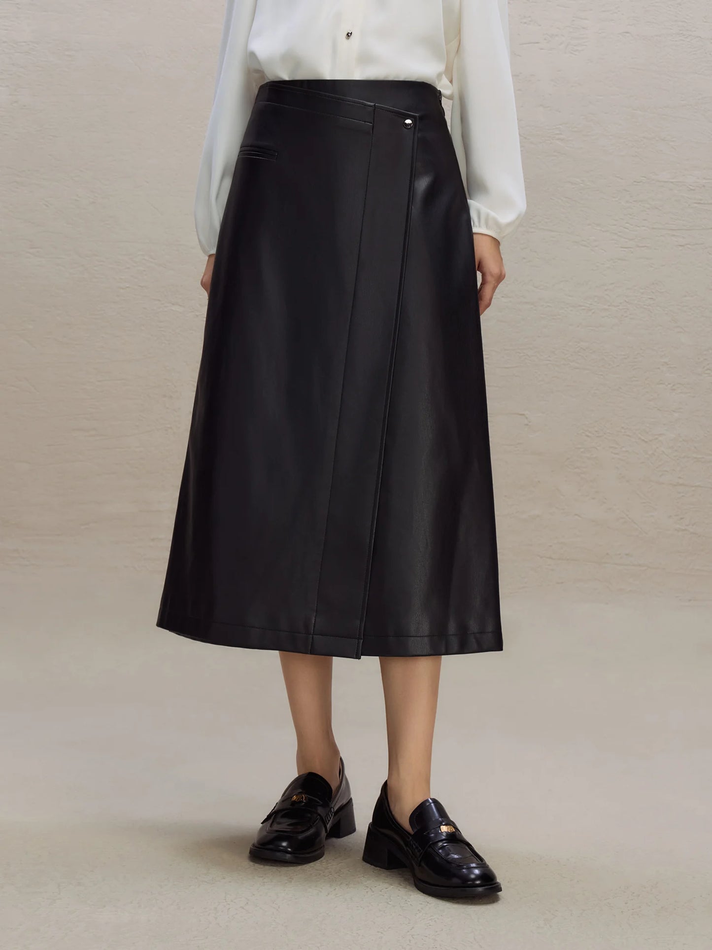 Black Faux Leather Wrap Skirt