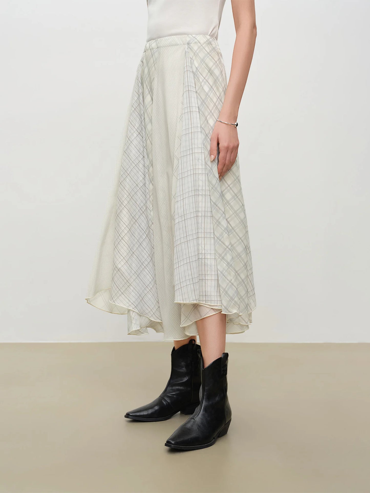 Plaid Chiffon Panel Maxi Skirt