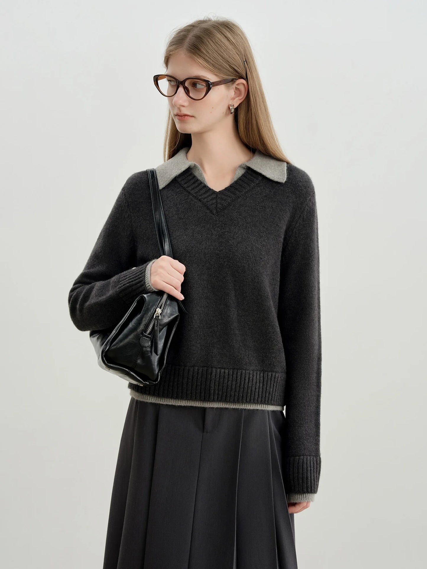 Black Contrast Collar Knit Sweater