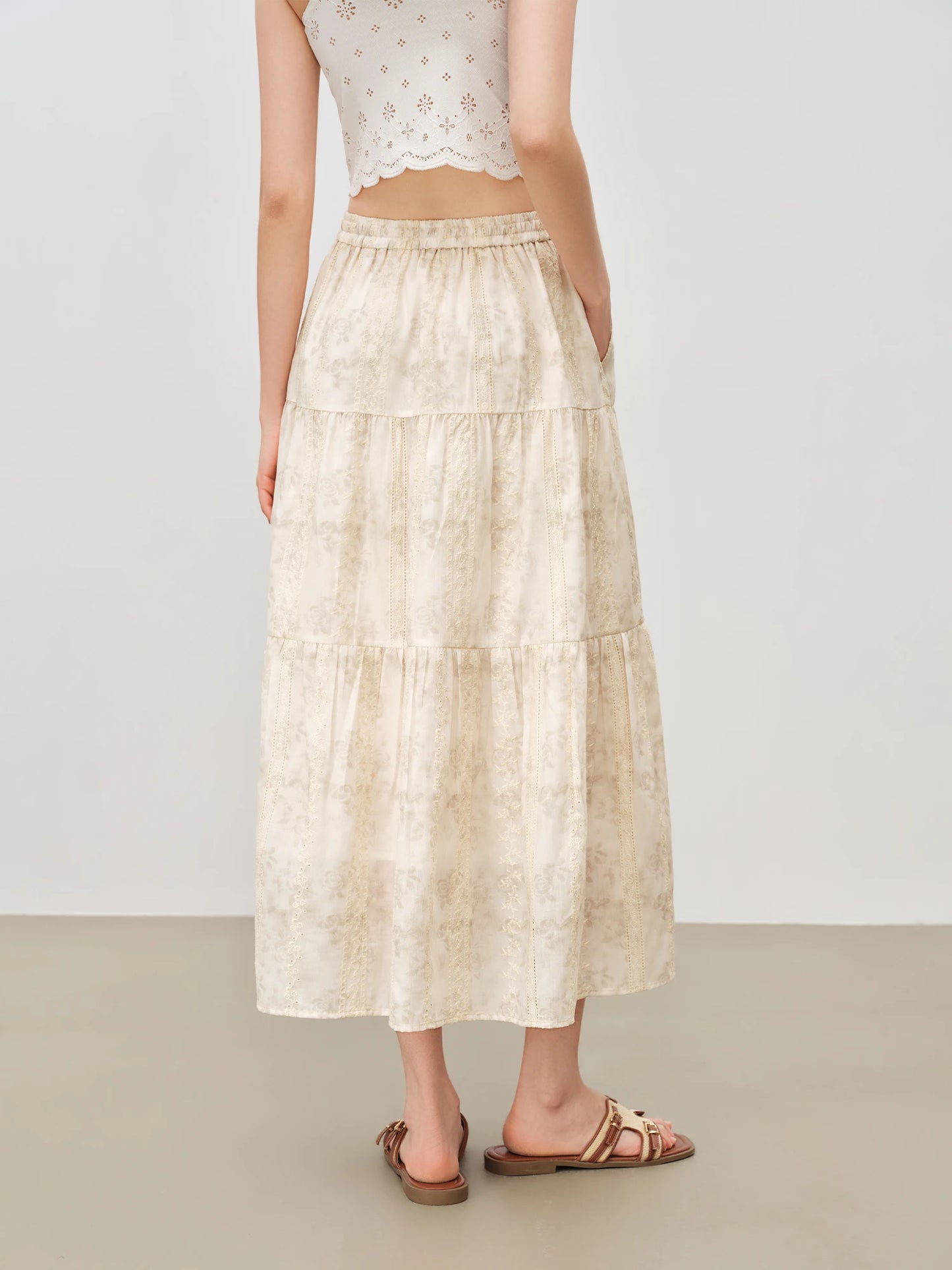 Cream Embroidered Tiered Midi Skirt