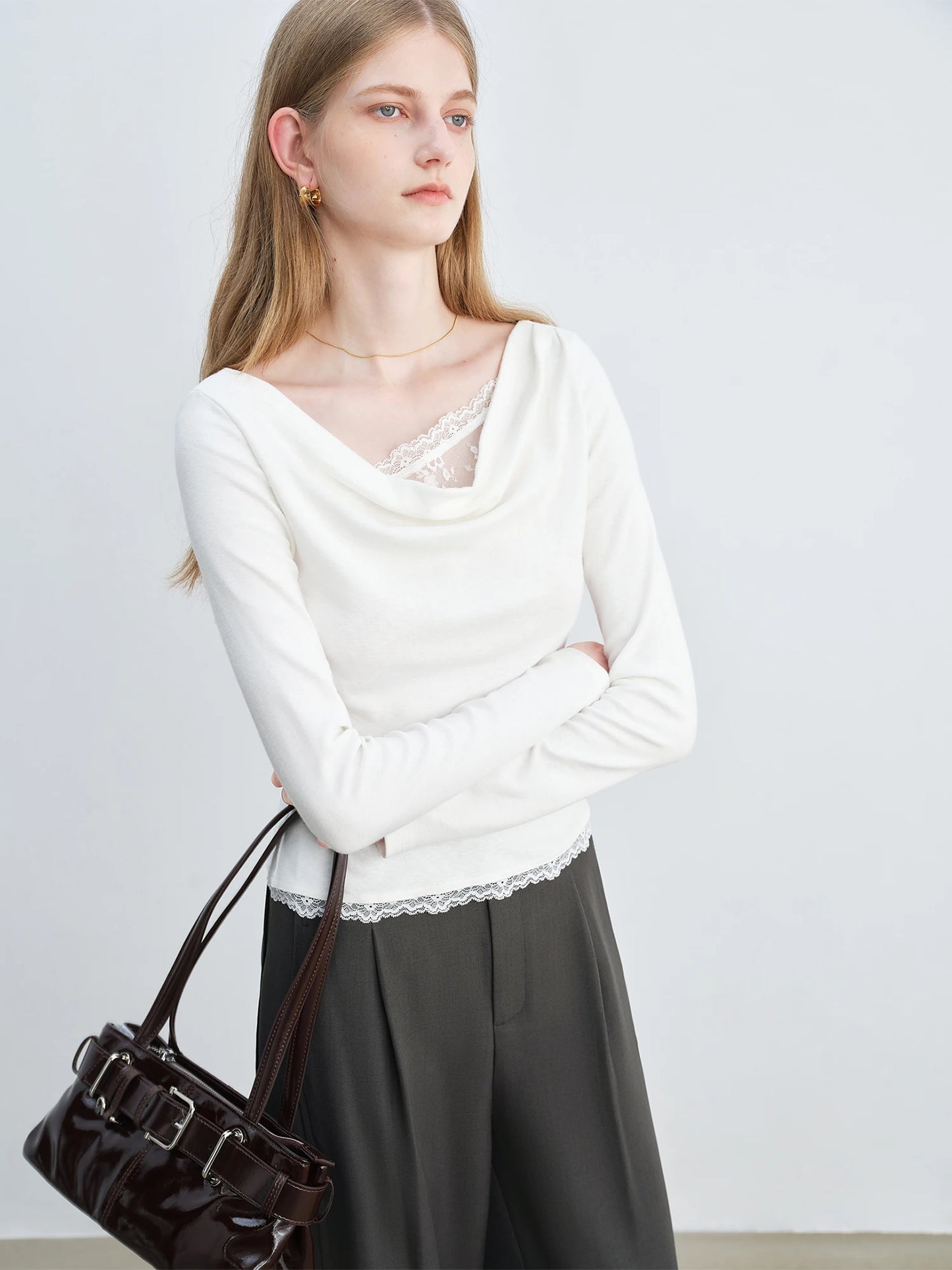 Mauve Lace Trim Cowl Neck Top