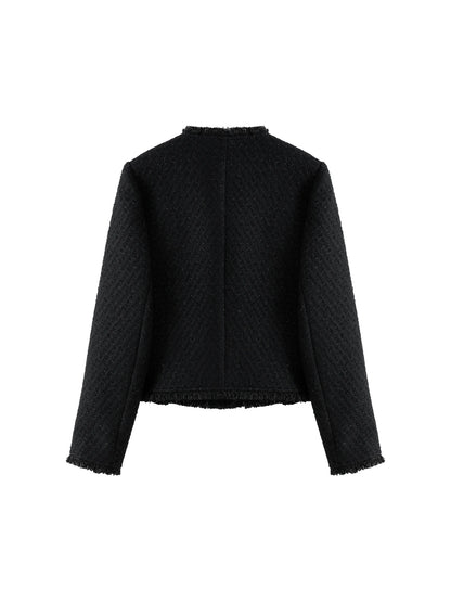 Black Fringe Trim Tweed Jacket