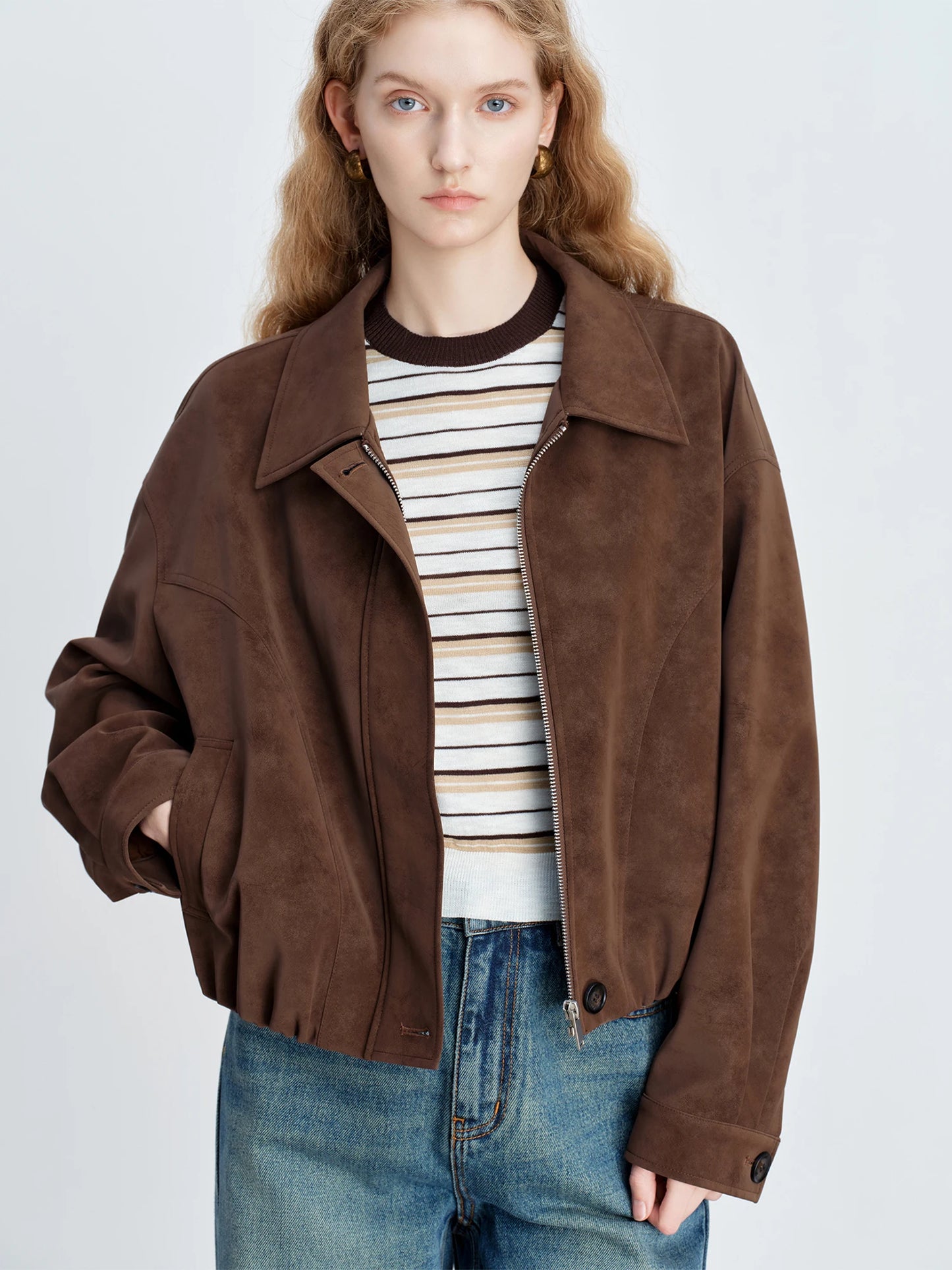 Brown Faux Suede Cropped Jacket